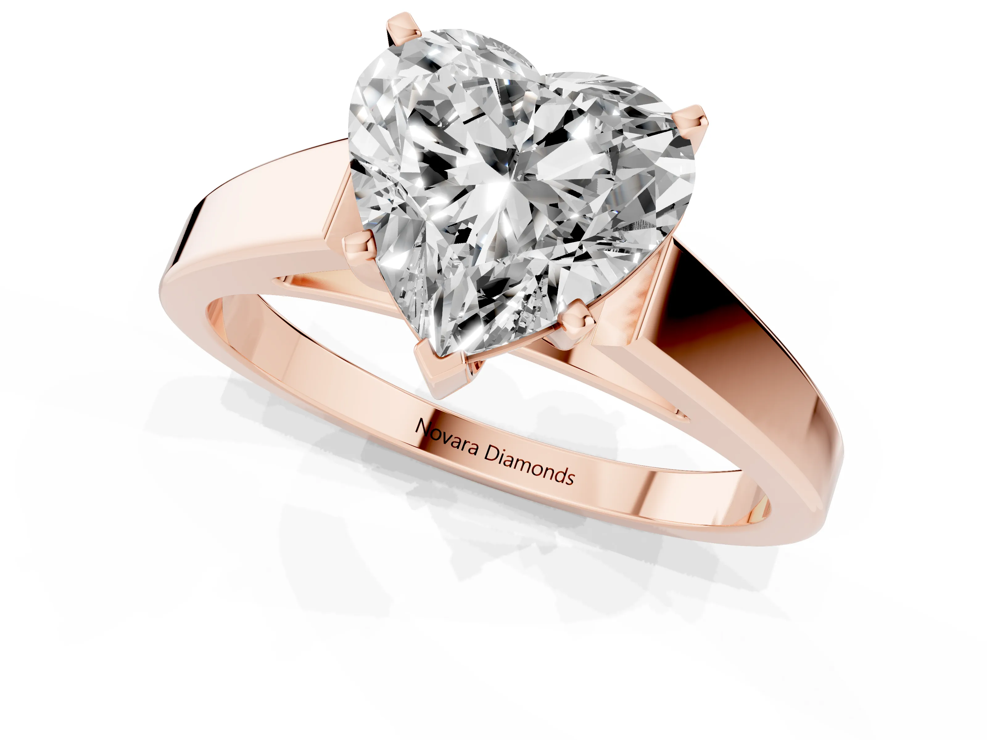Heart Cut Diamond Solitaire Engagement Ring Set in Rose gold with Prong Setting and Tapered Band