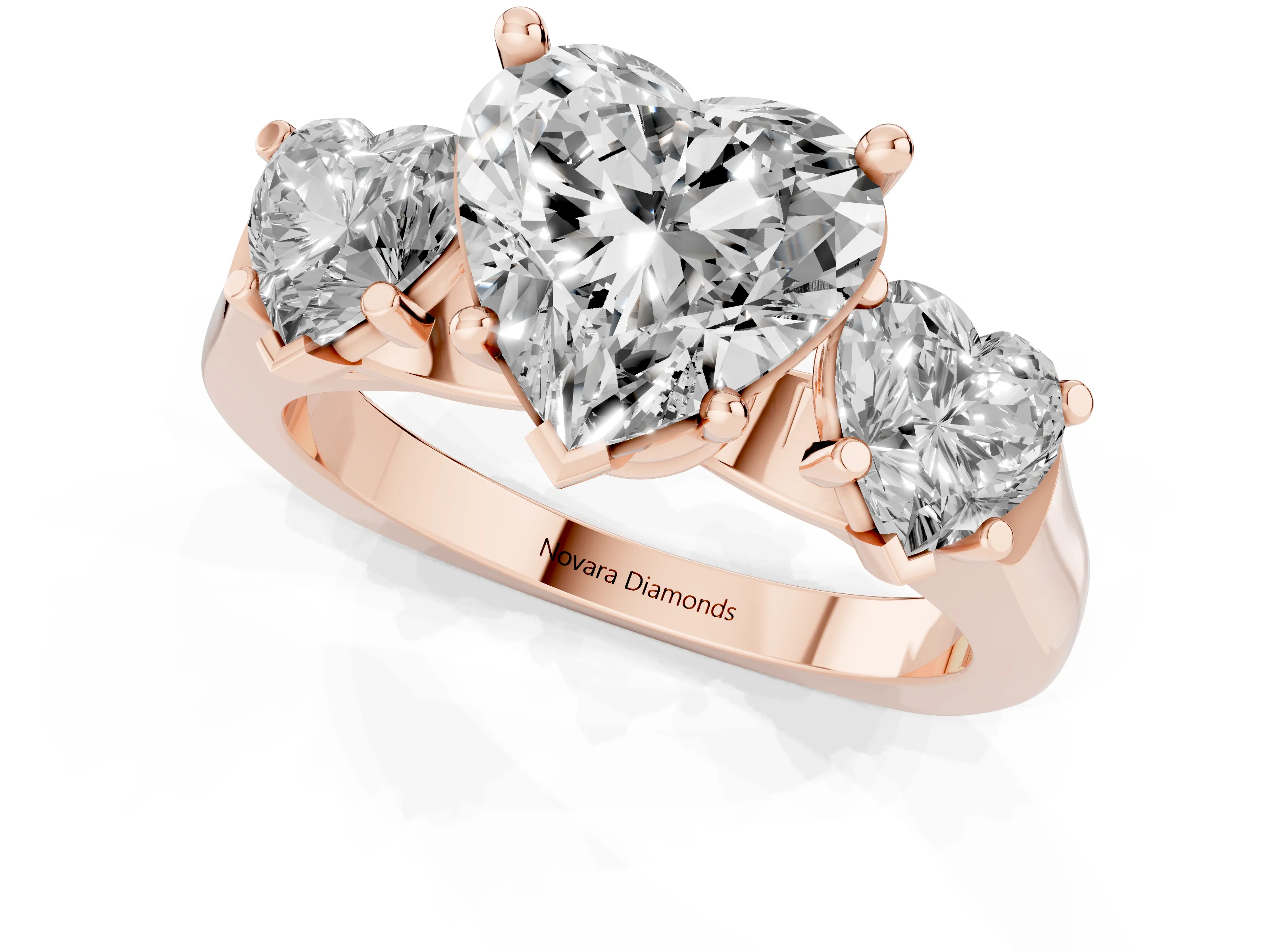 Heart Cut Diamond Three-Stone Trellis Ring Set in Rose gold with Comfort Fit Band