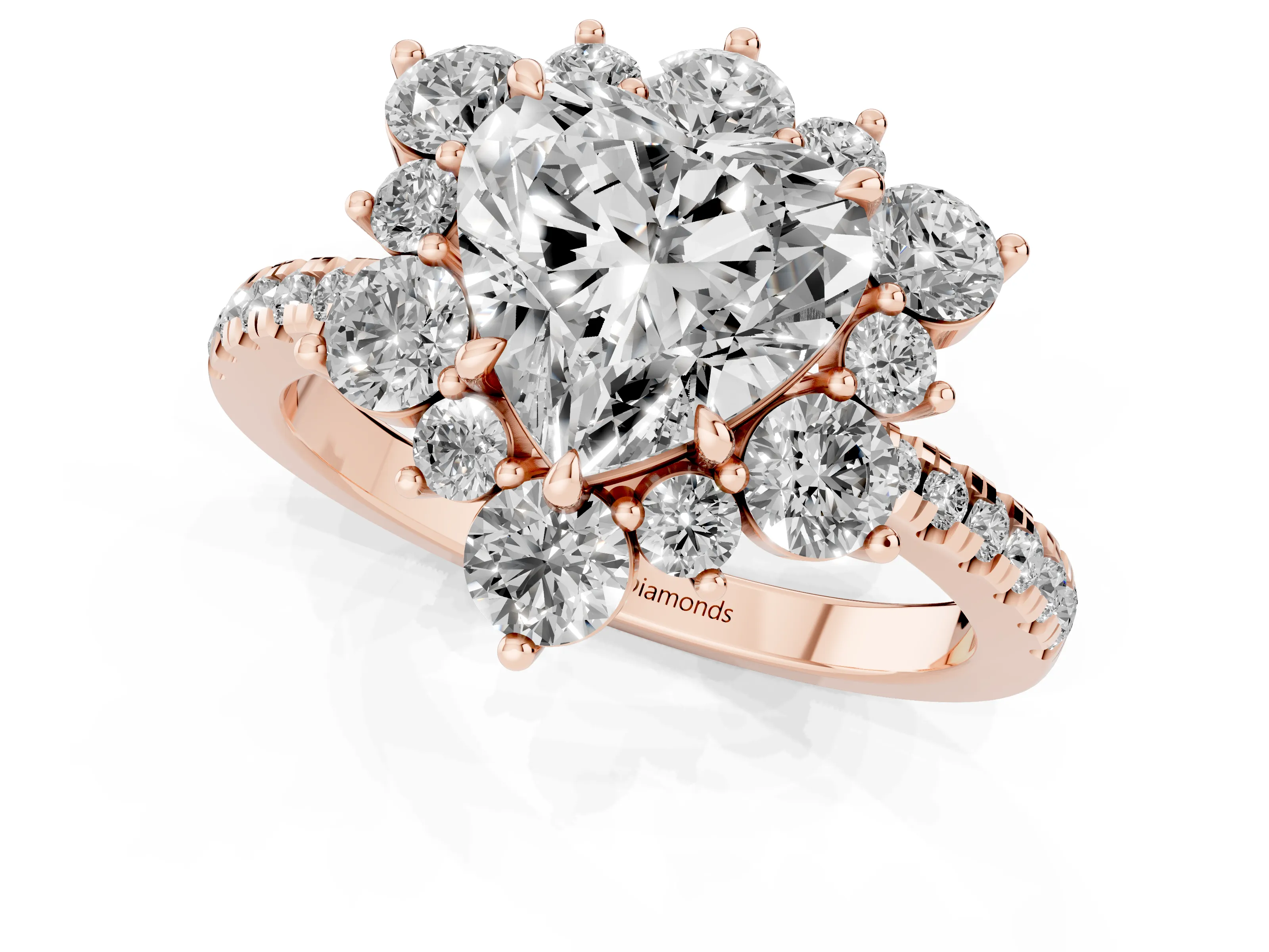 Heart Cut Diamond Floral Halo Ring Set in Rose gold with Round Pavé Band and Prong Setting