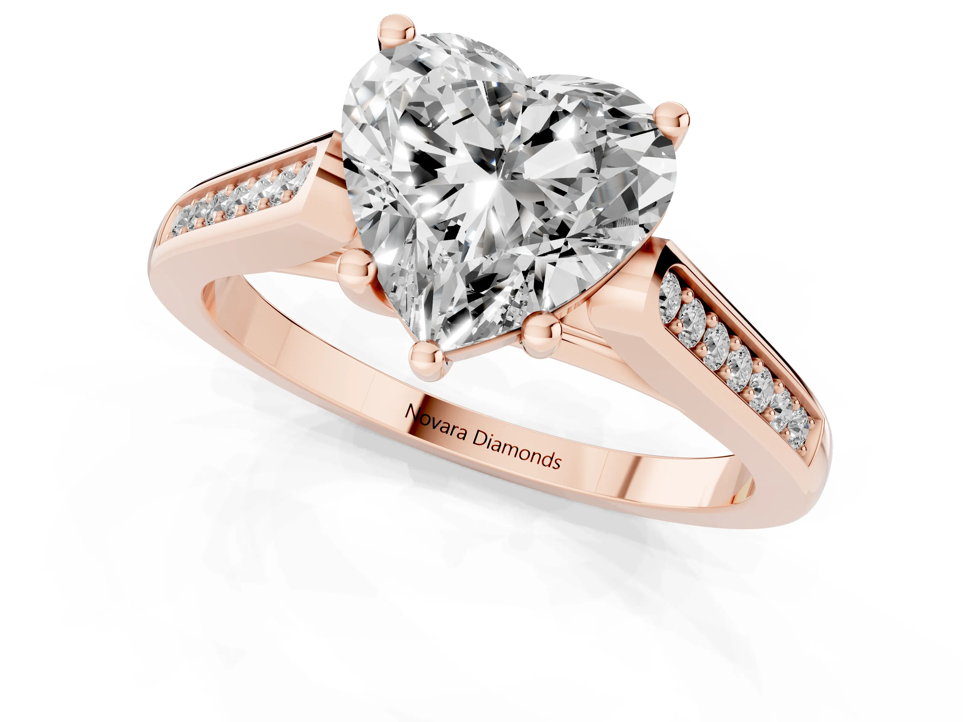 Heart Cut Diamond Solitaire Cathedral Engagement Ring Set in Rose gold with Channel-Set Band and Prong Setting