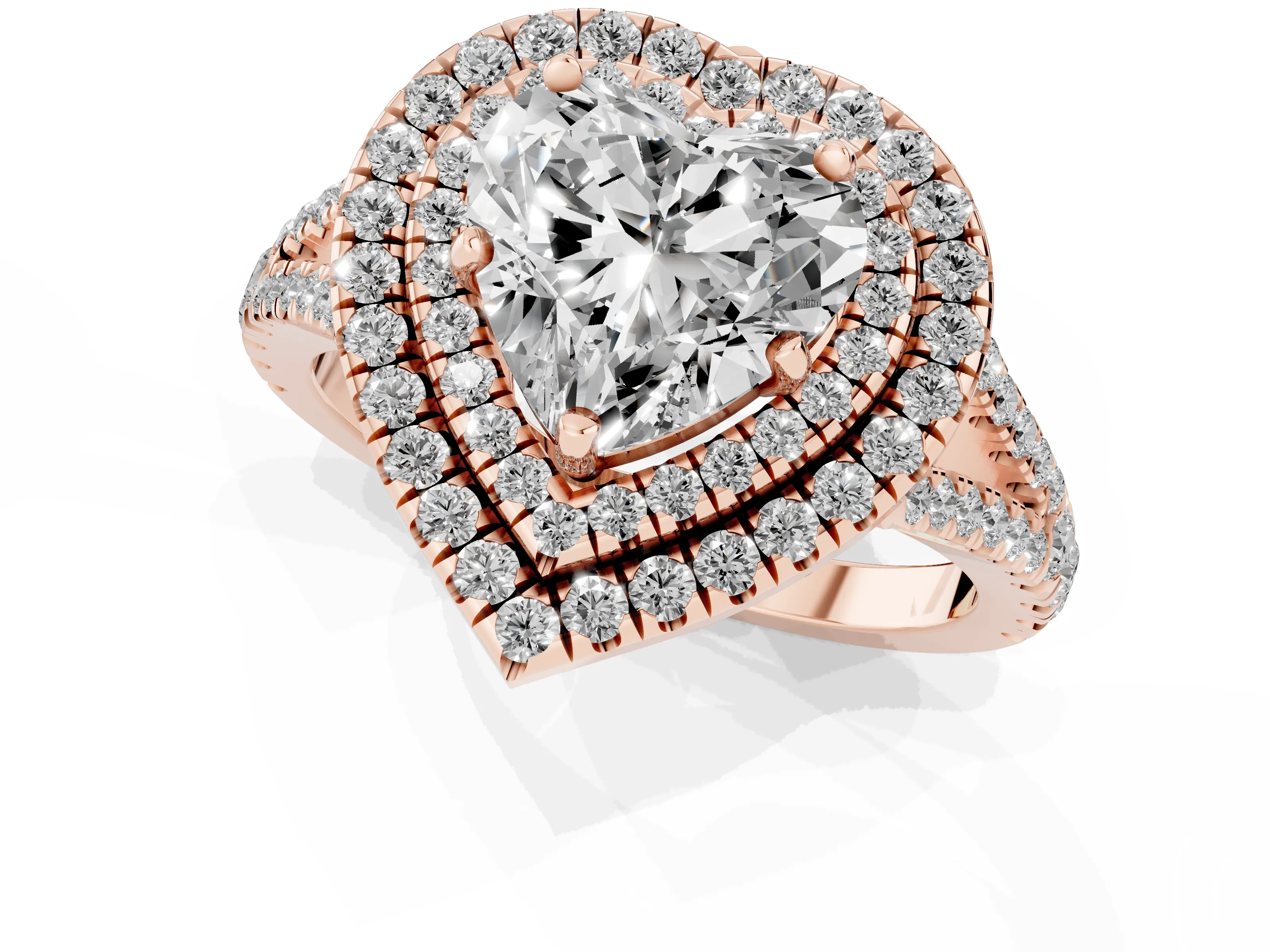 Heart Cut Diamond Double Halo Ring Set in Rose gold with Pavé Band