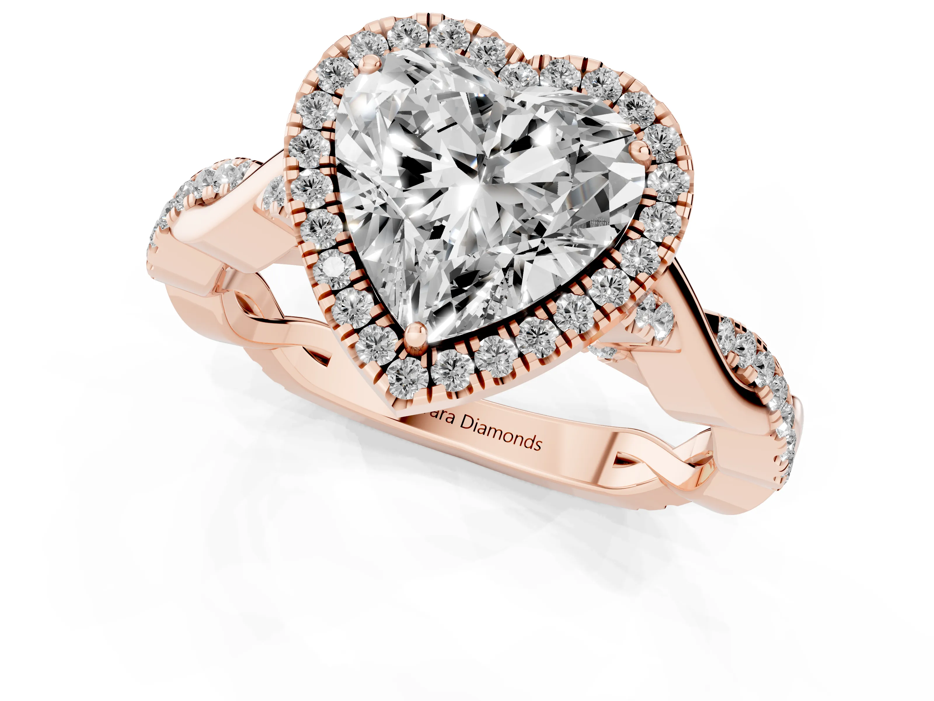 Heart Cut Diamond Halo Twist Band Solitaire Ring Set in Rose gold with Prong Setting