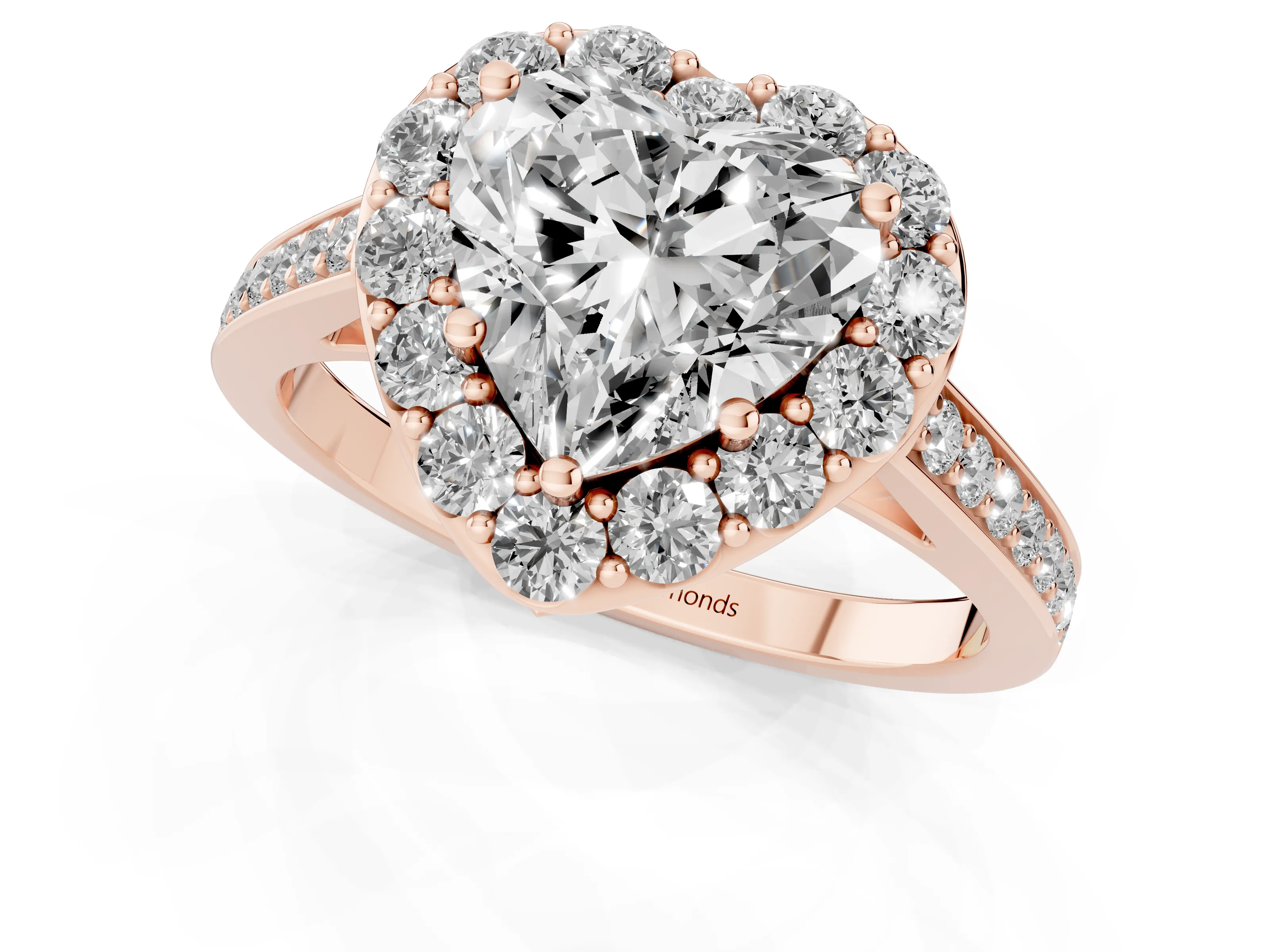 Heart Cut Diamond Floral Halo Ring Set in Rose gold with Pavé Band and Prong Setting