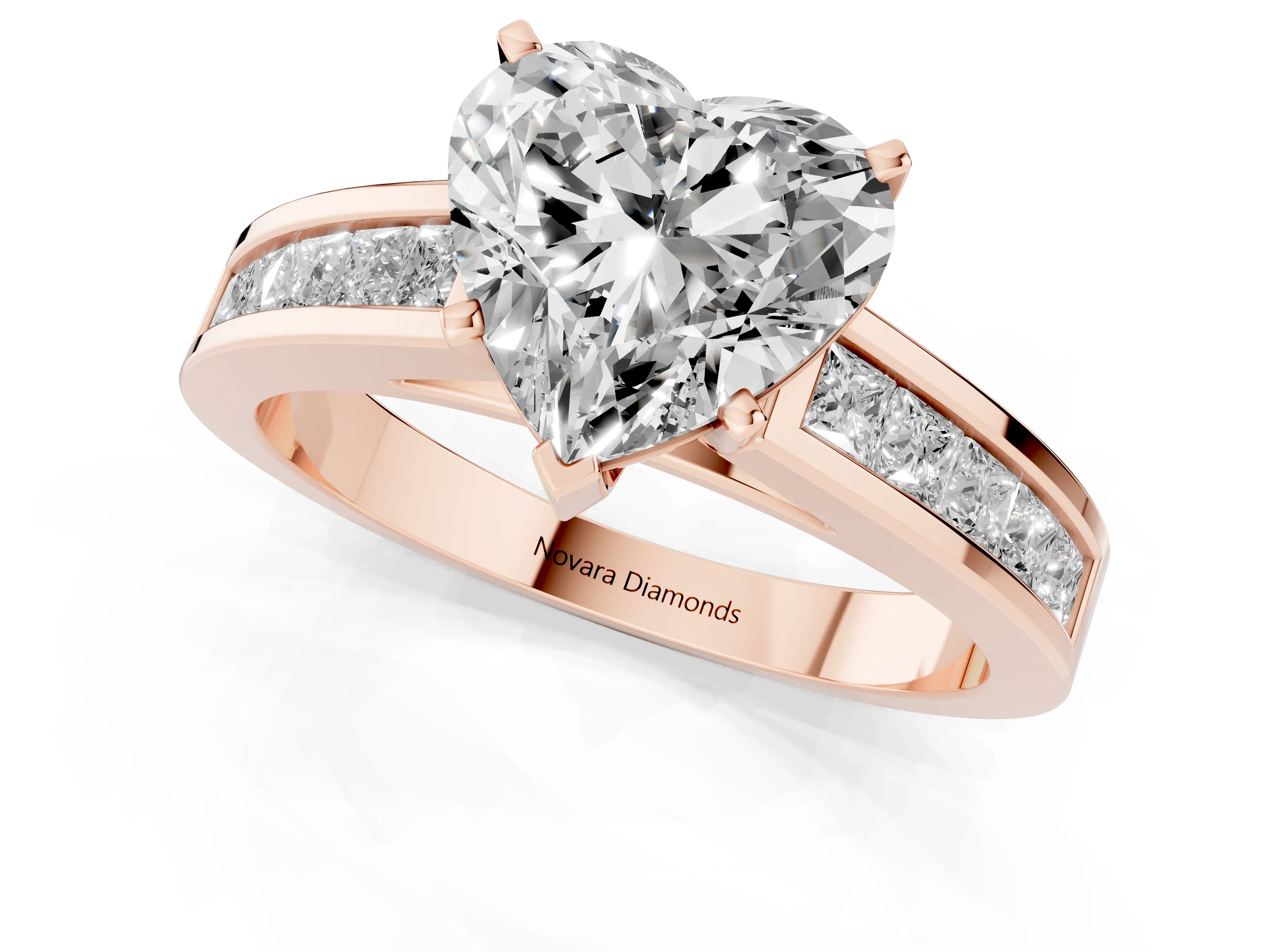 Heart Cut Diamond Solitaire Ring Set in Rose gold with Channel-Set Band and Prong Setting