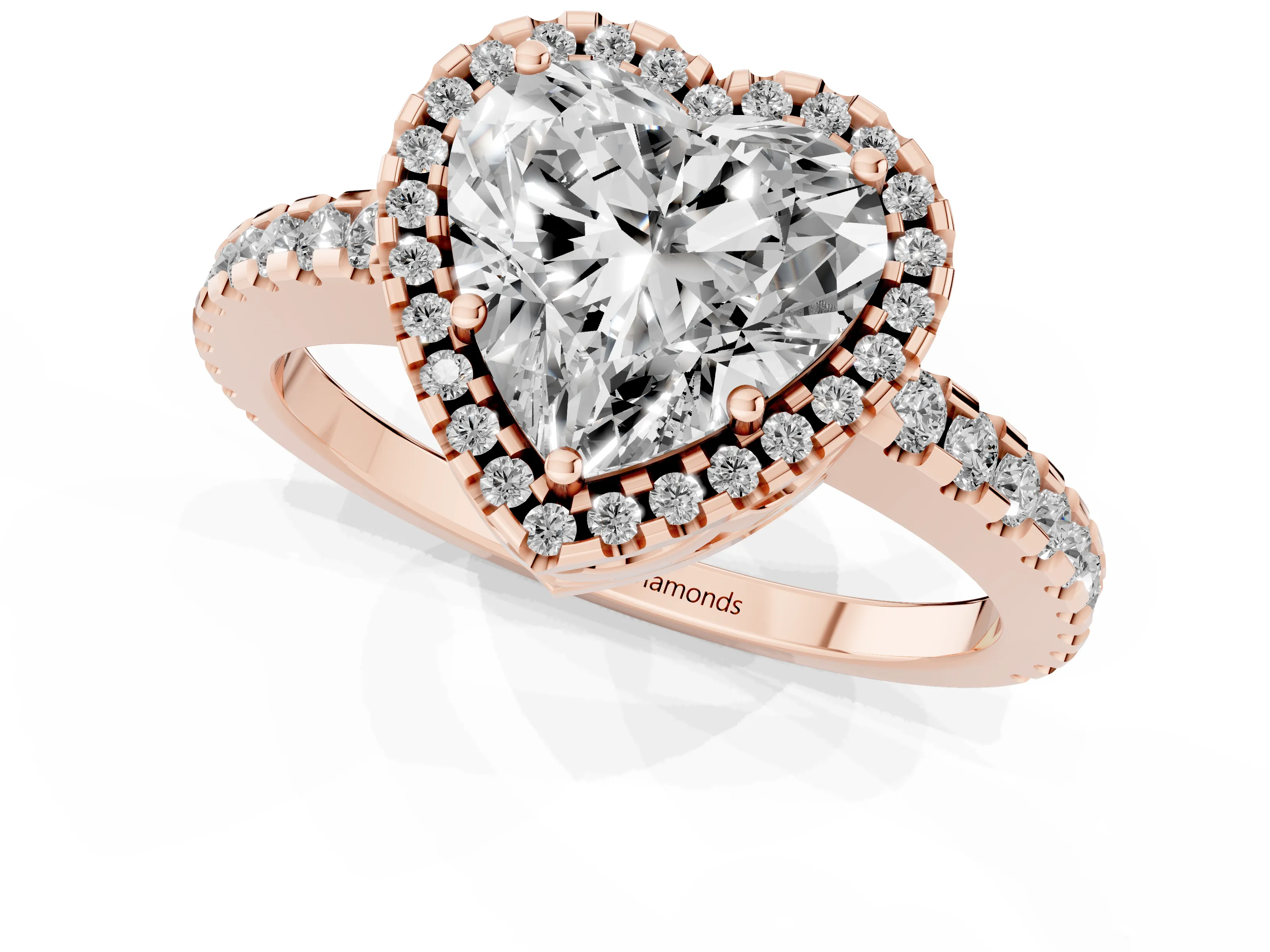 Heart Cut Diamond Halo Ring Set in Rose gold with Pavé Shoulders and Halo-Framed Center