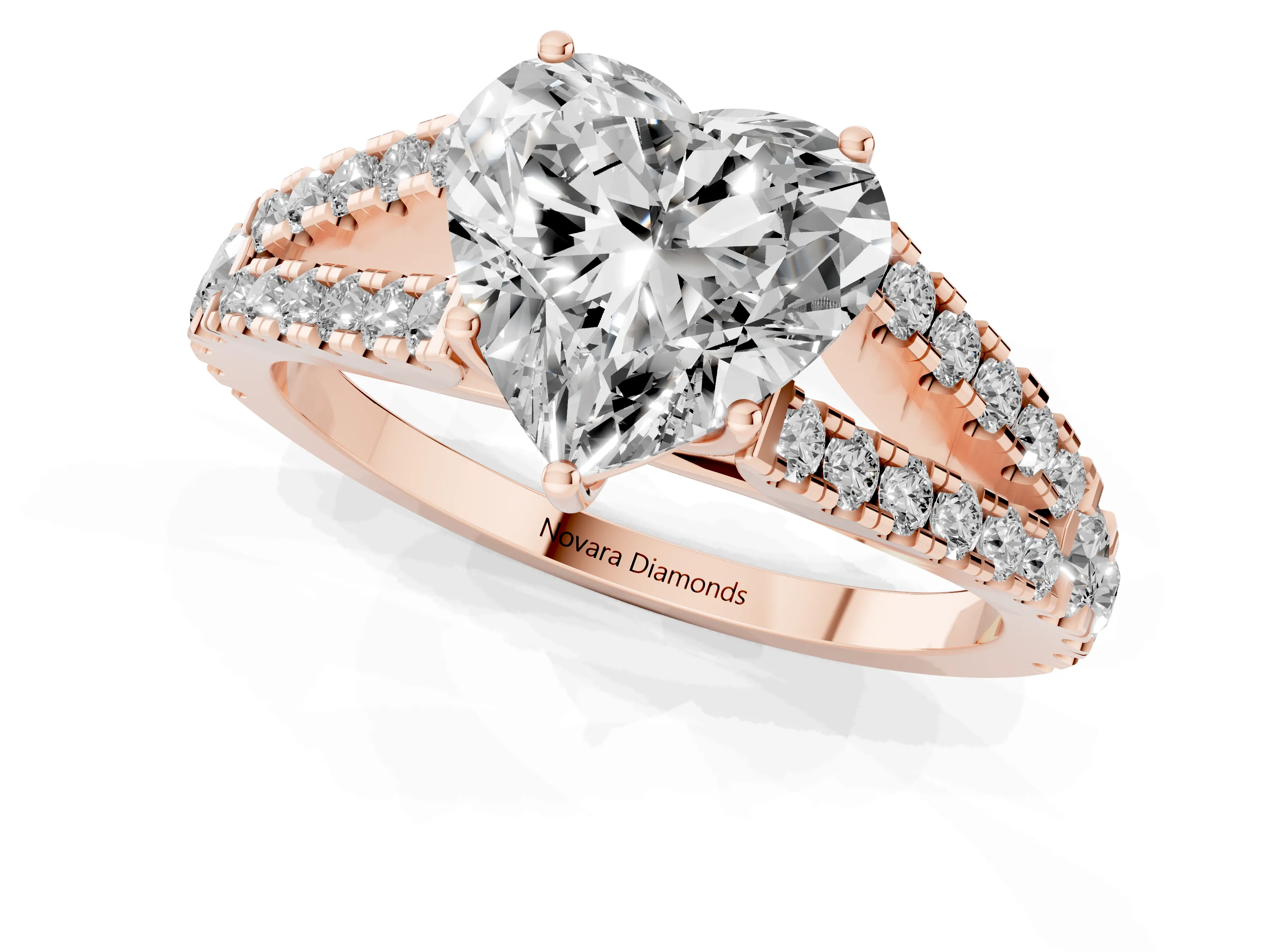 Heart Cut Diamond Split Shank Pavé Engagement Ring Set in Rose gold with Prong-Held Center Stone