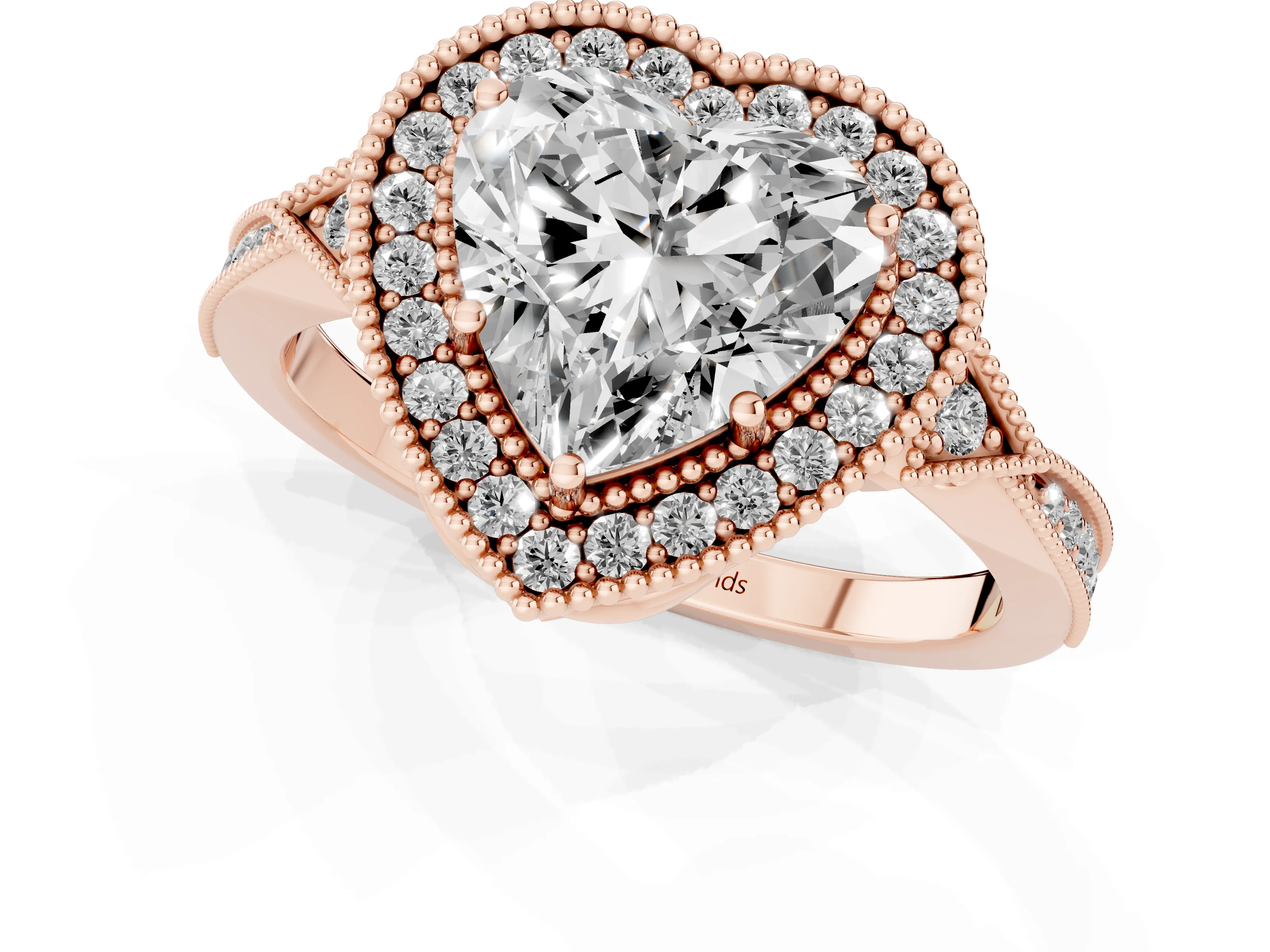 Heart Cut Diamond Halo Engagement Ring Set in Rose gold with Milgrain Pavé Band