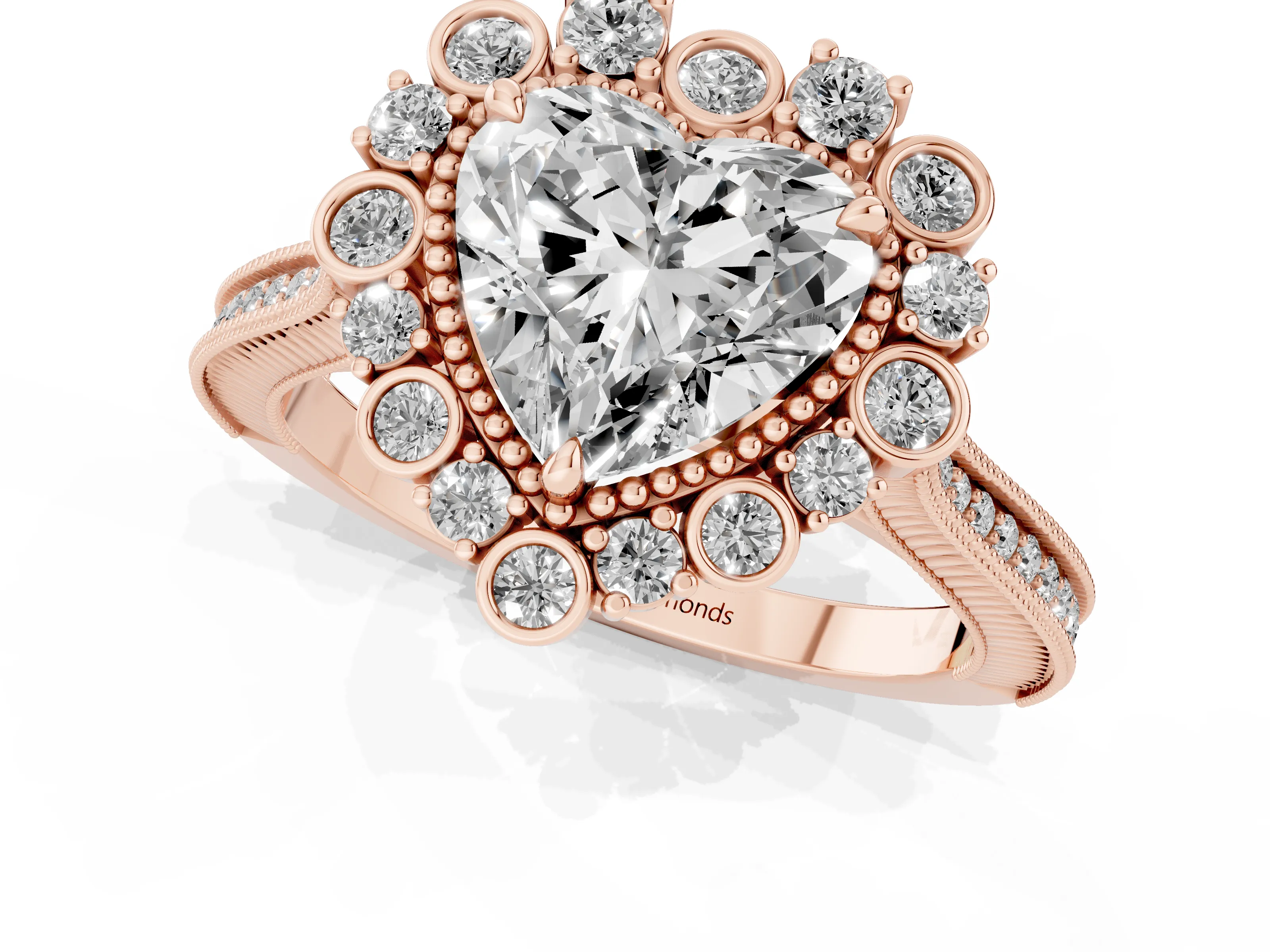 Heart Cut Diamond Halo Milgrain Pavé Ring Set in Rose gold with Prong Setting