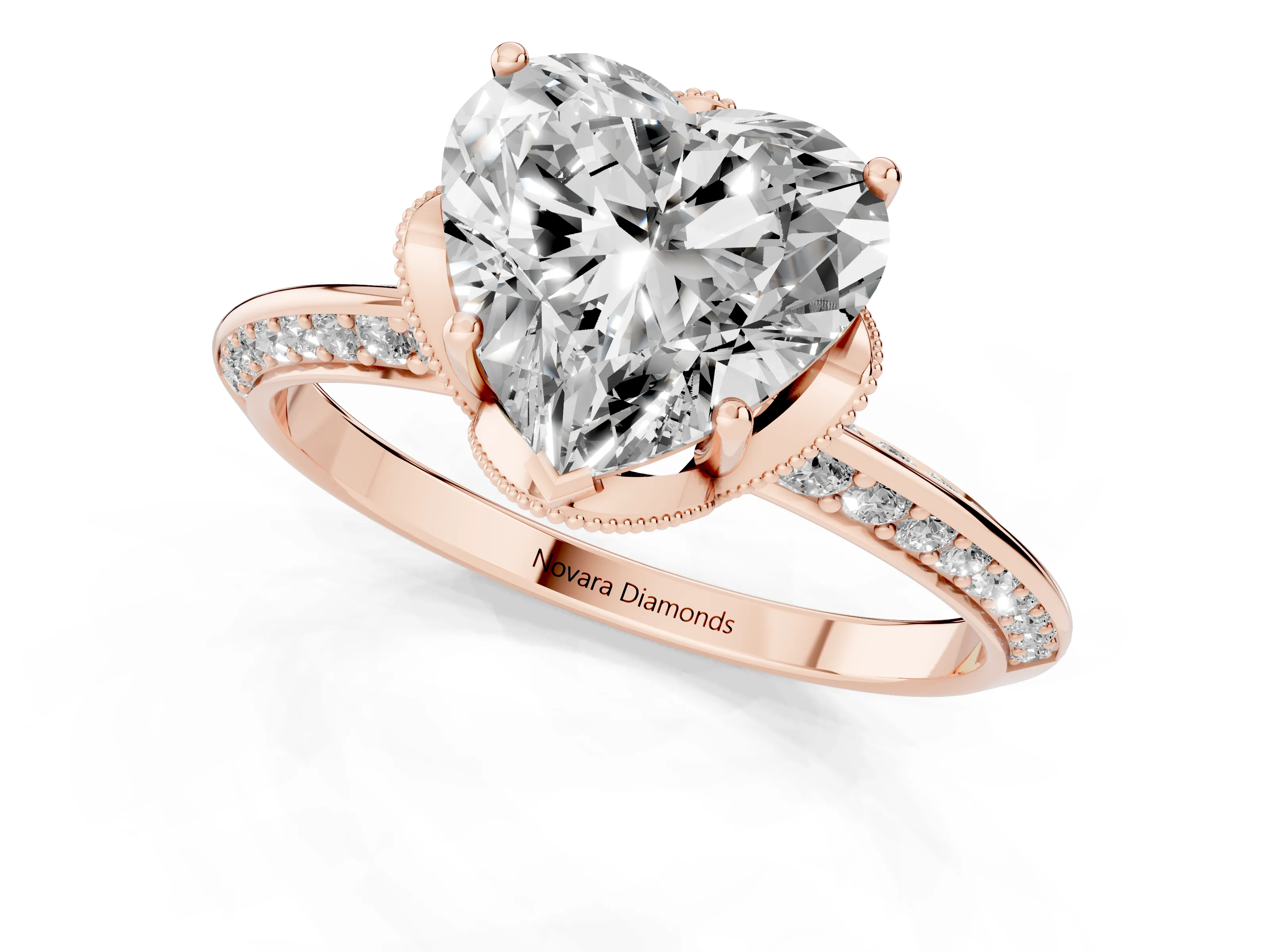 Heart Cut Diamond Solitaire Engagement Ring Set in Rose gold with Pavé Split Shank and Prong Setting