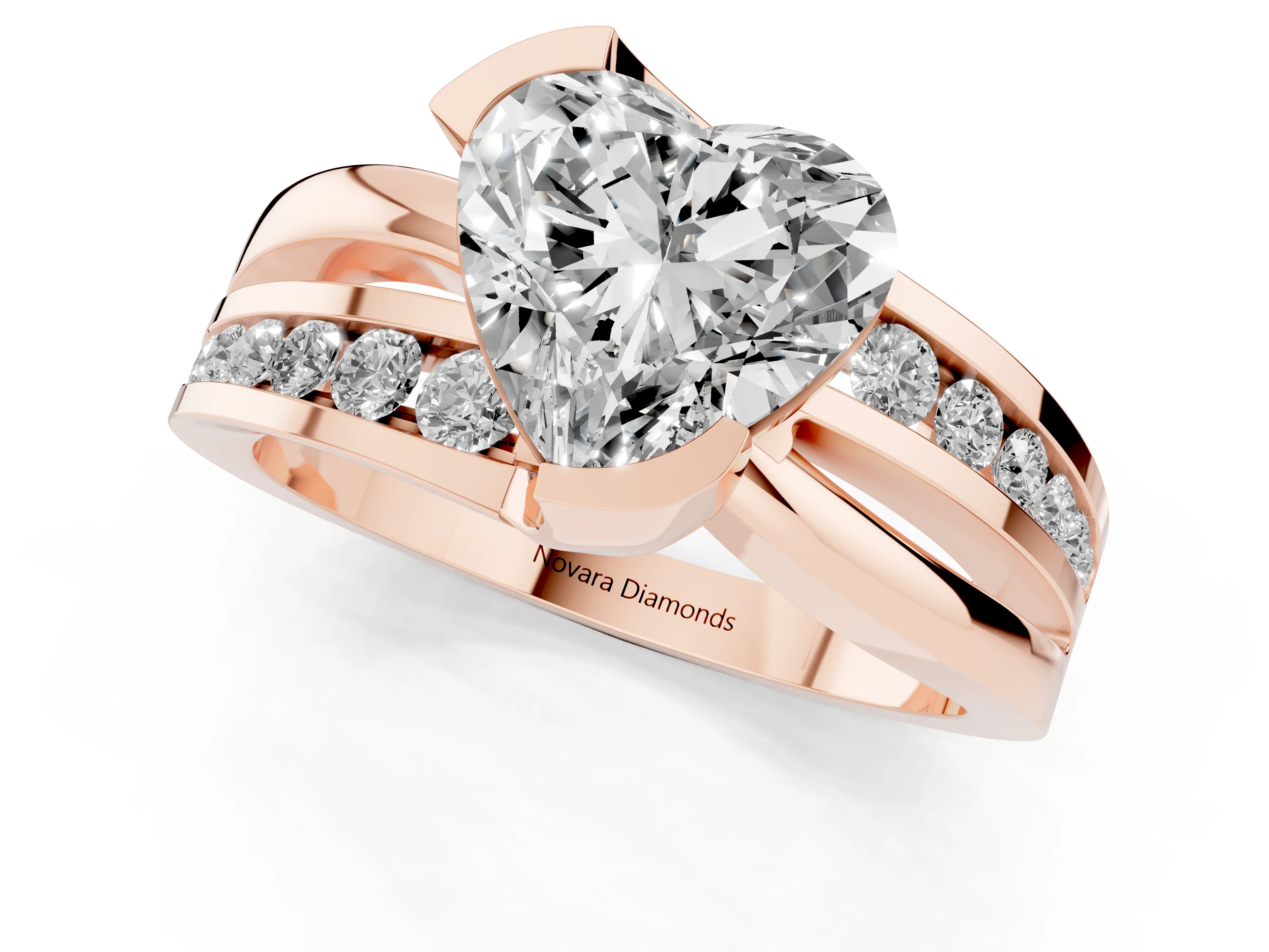 Heart Cut Diamond Solitaire Ring Set in Rose gold with Channel Set Split Shank and Tension Prongs