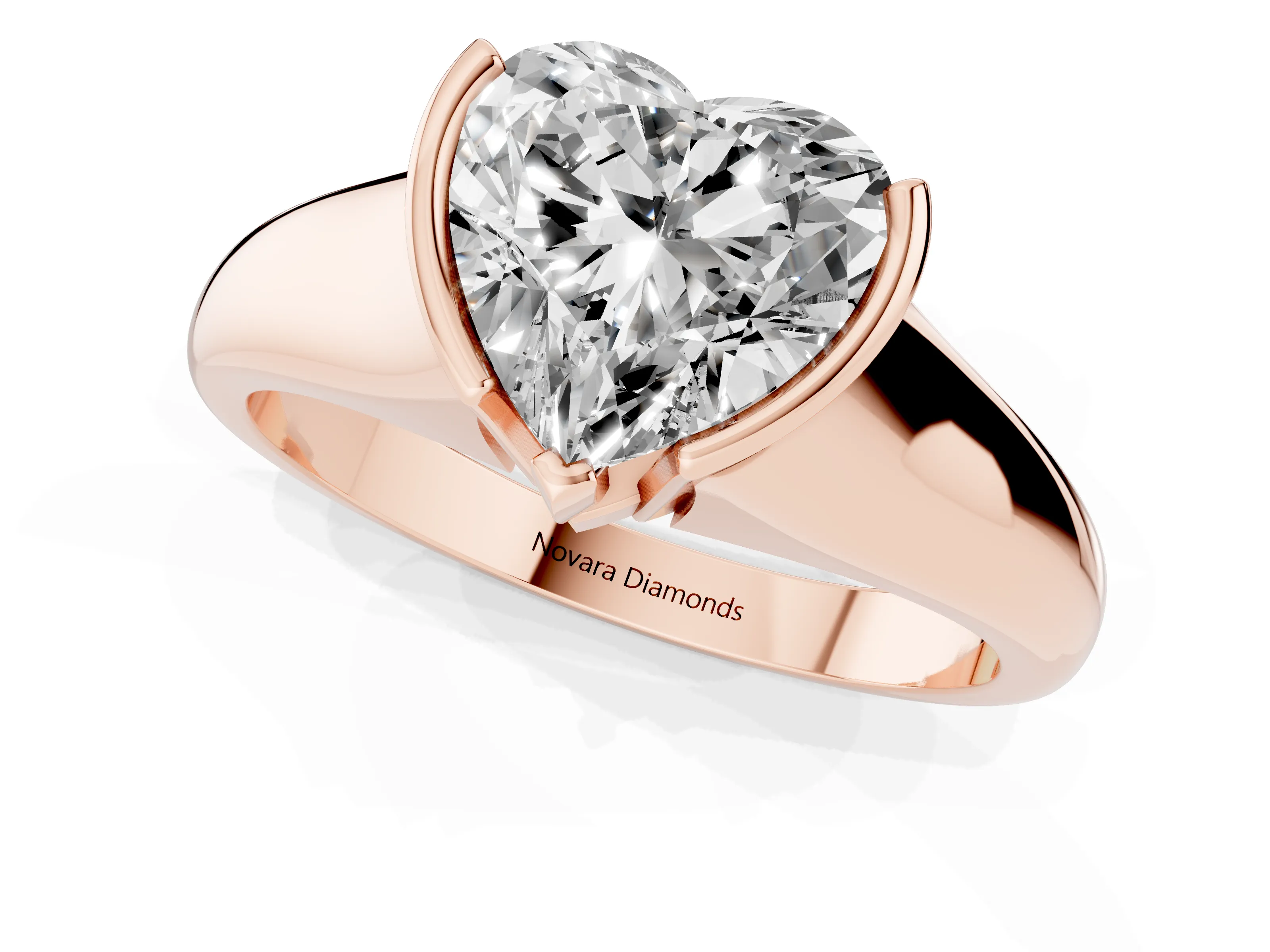 Heart Cut Diamond Solitaire Tension Set Ring Set in Rose gold with Split Shank Band
