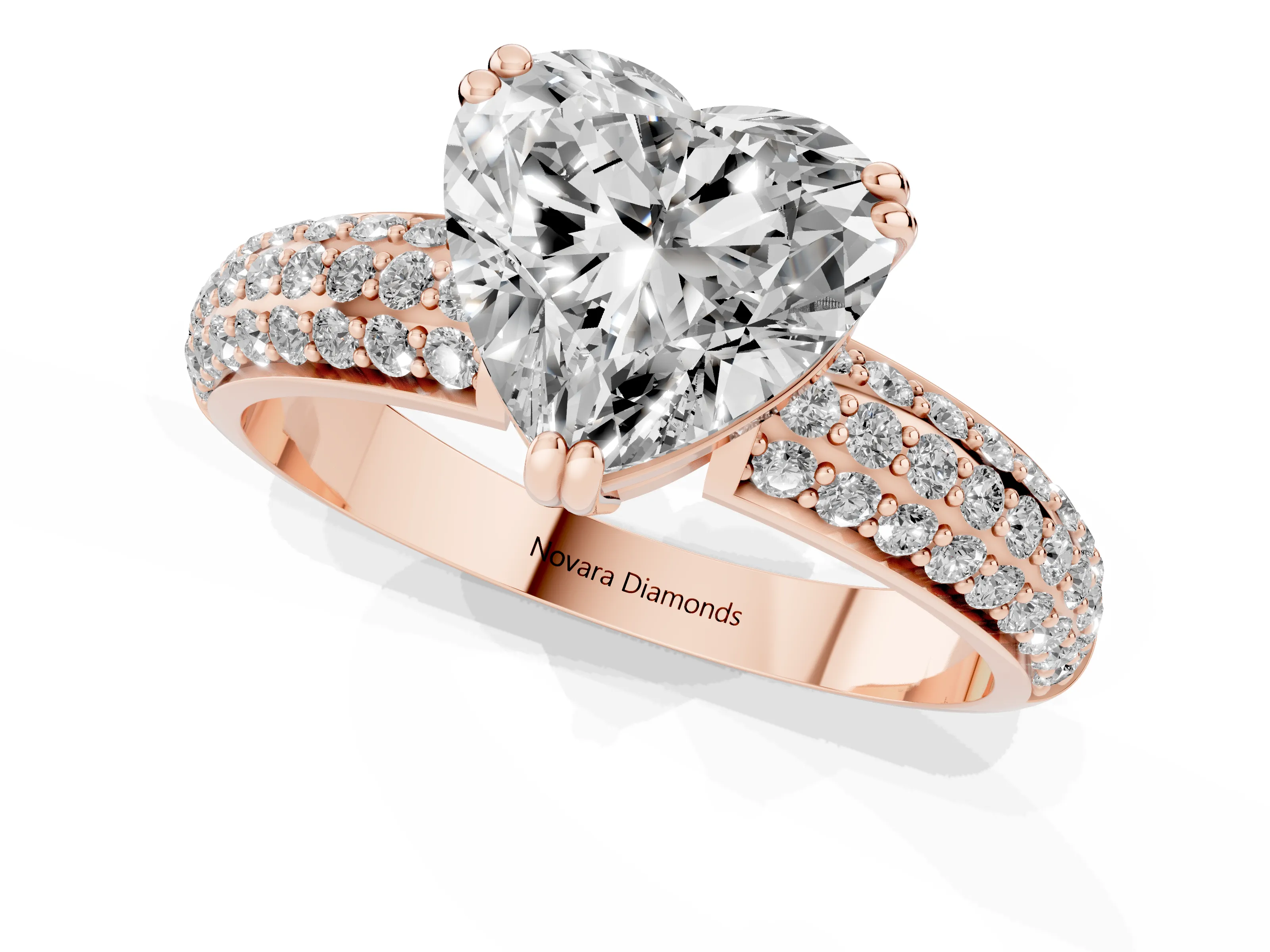 Heart Cut Diamond Solitaire Ring Set in Rose gold with Multi-Row Round Pavé Band and Prong Setting