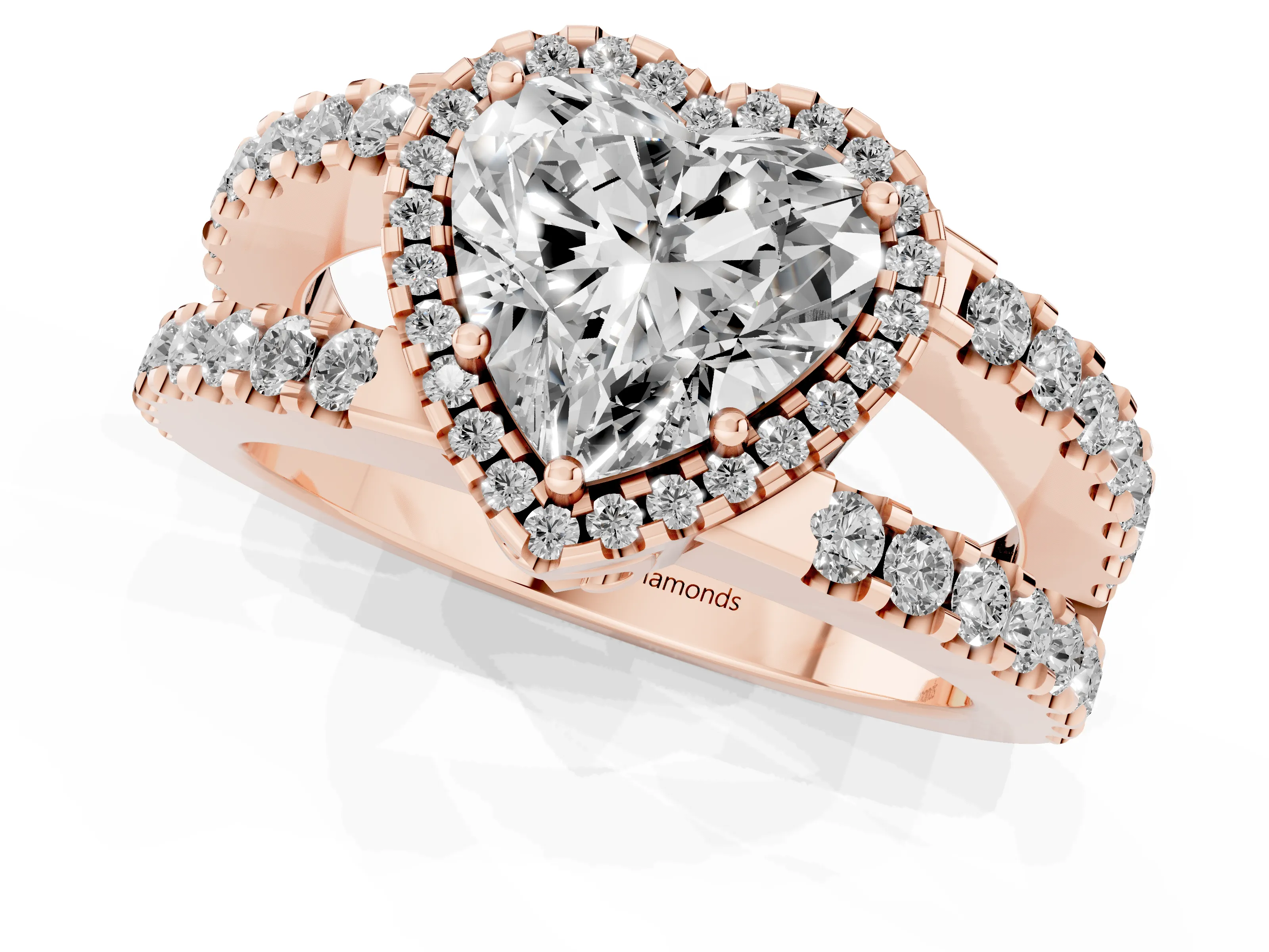 Heart Cut Diamond Halo Ring Set in Rose gold with Pavé Split Shank and Prong Setting