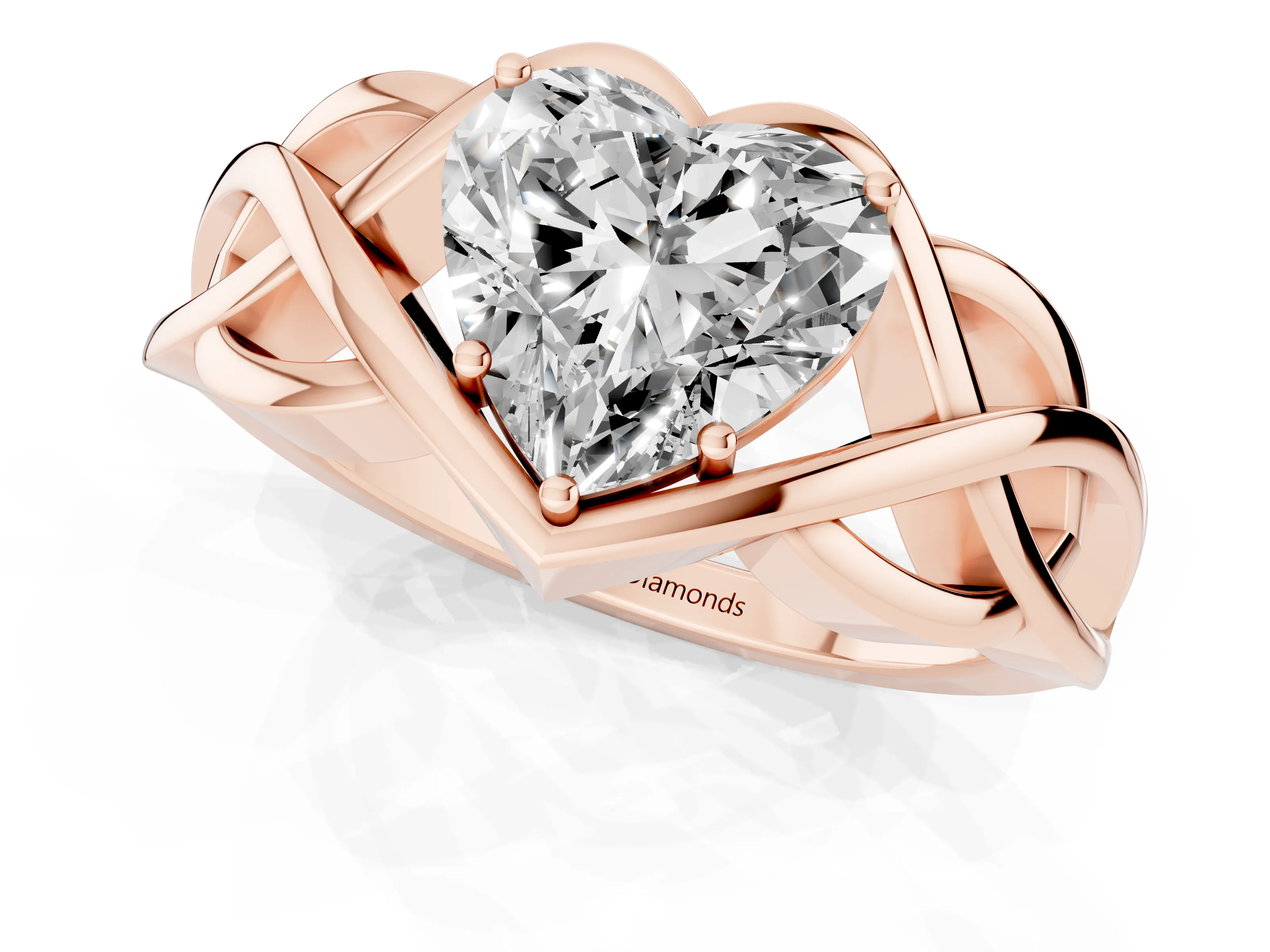 Heart Cut Diamond Solitaire Ring Set in Rose gold with Intertwined Band