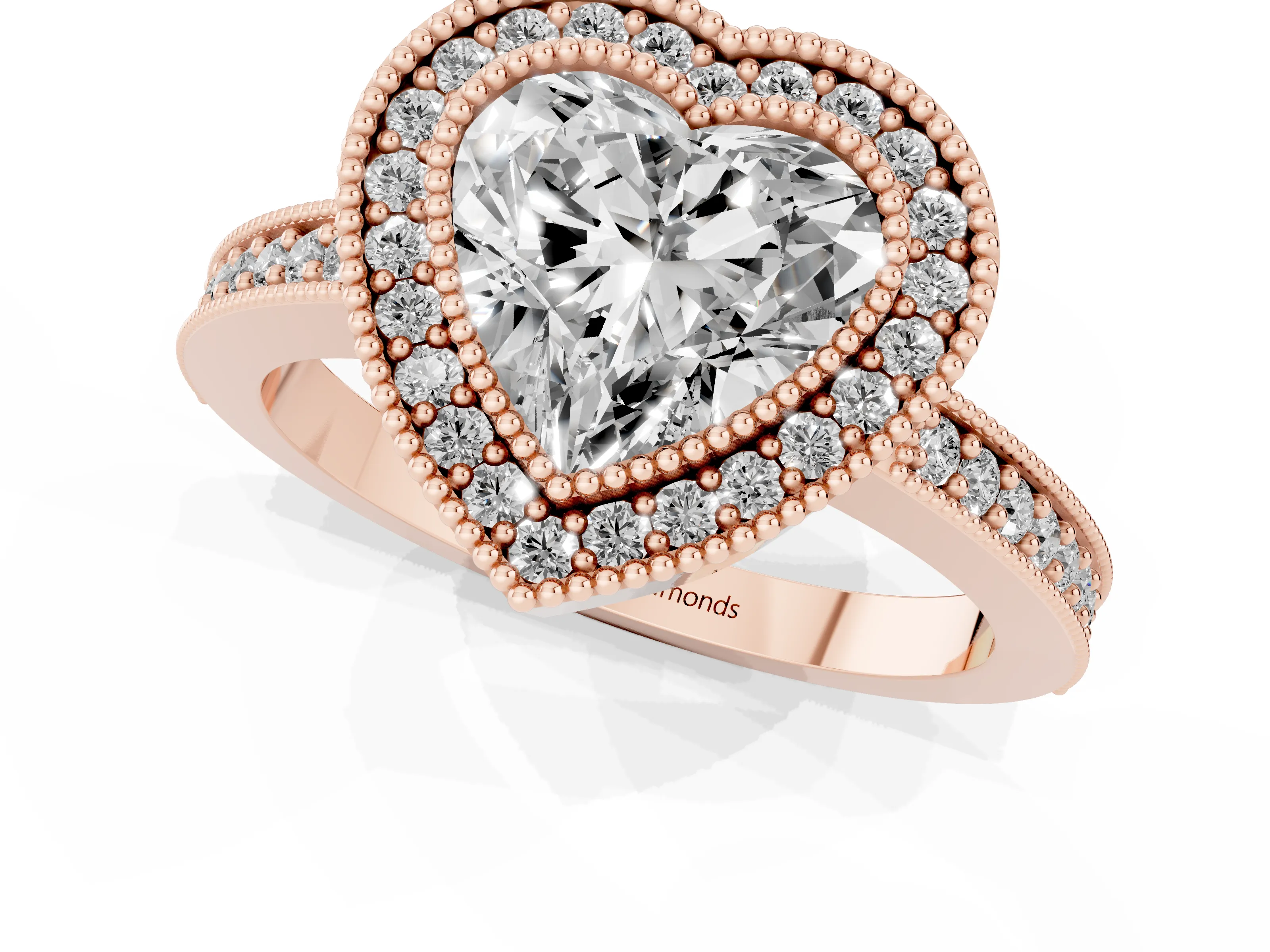 Heart Cut Diamond Halo Engagement Ring Set in Rose gold with Pavé Band and Round Halo Stones