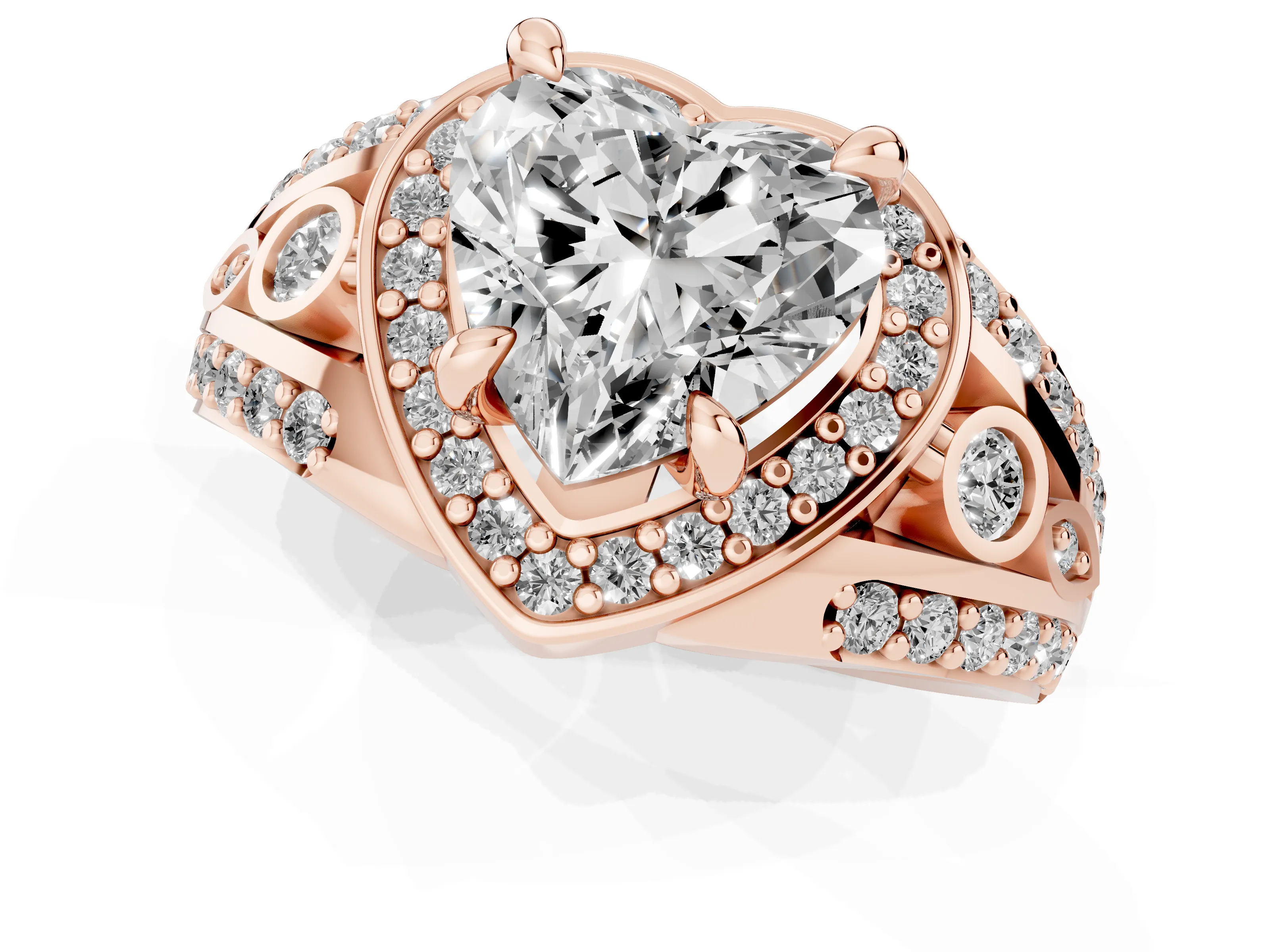 Heart Cut Diamond Halo Ring Set in Rose gold with Pavé Split Shank and Bezel Accents