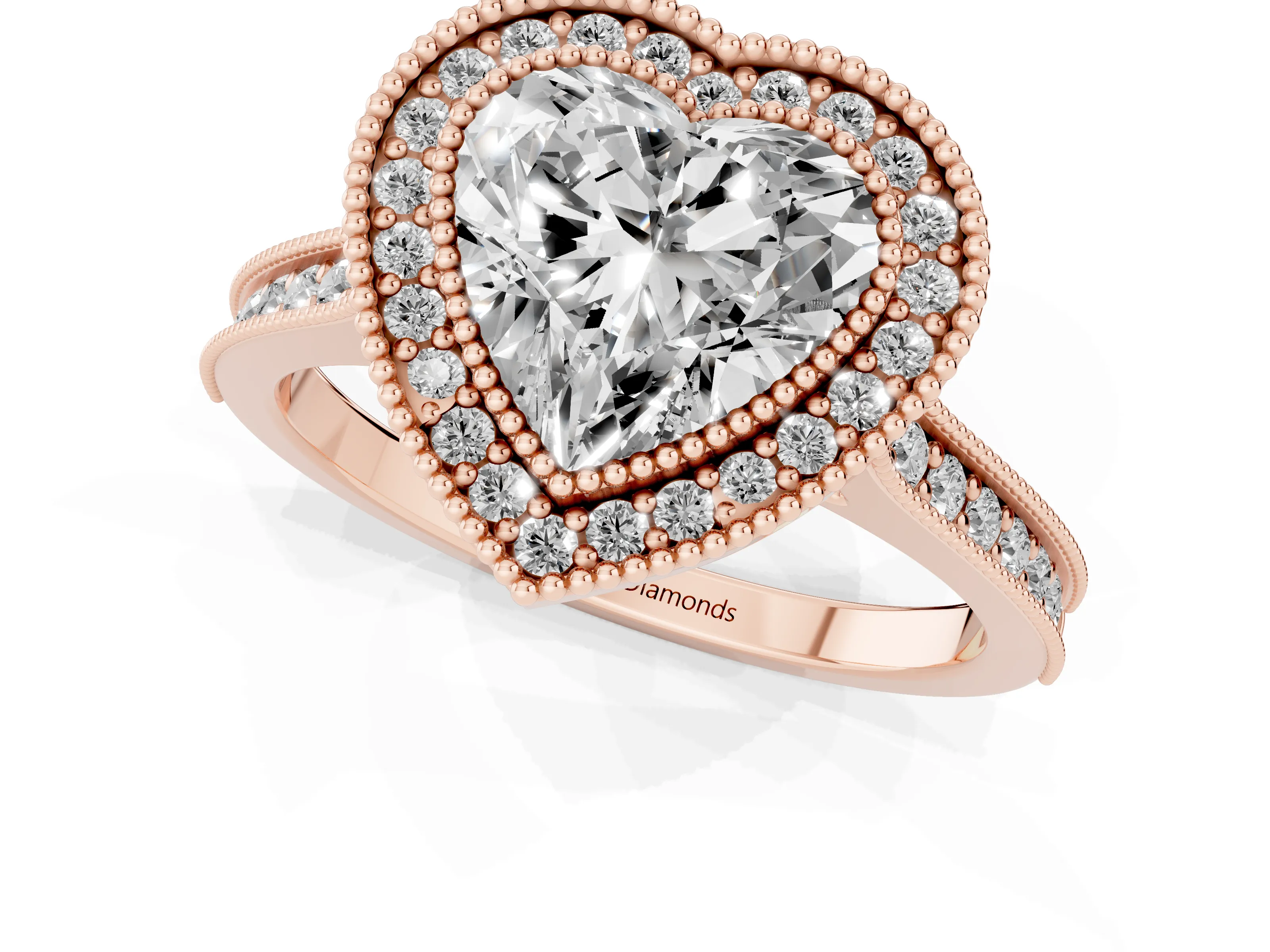 Heart Cut Diamond Halo Milgrain Pavé Band Ring Set in Rose gold with Prong Setting