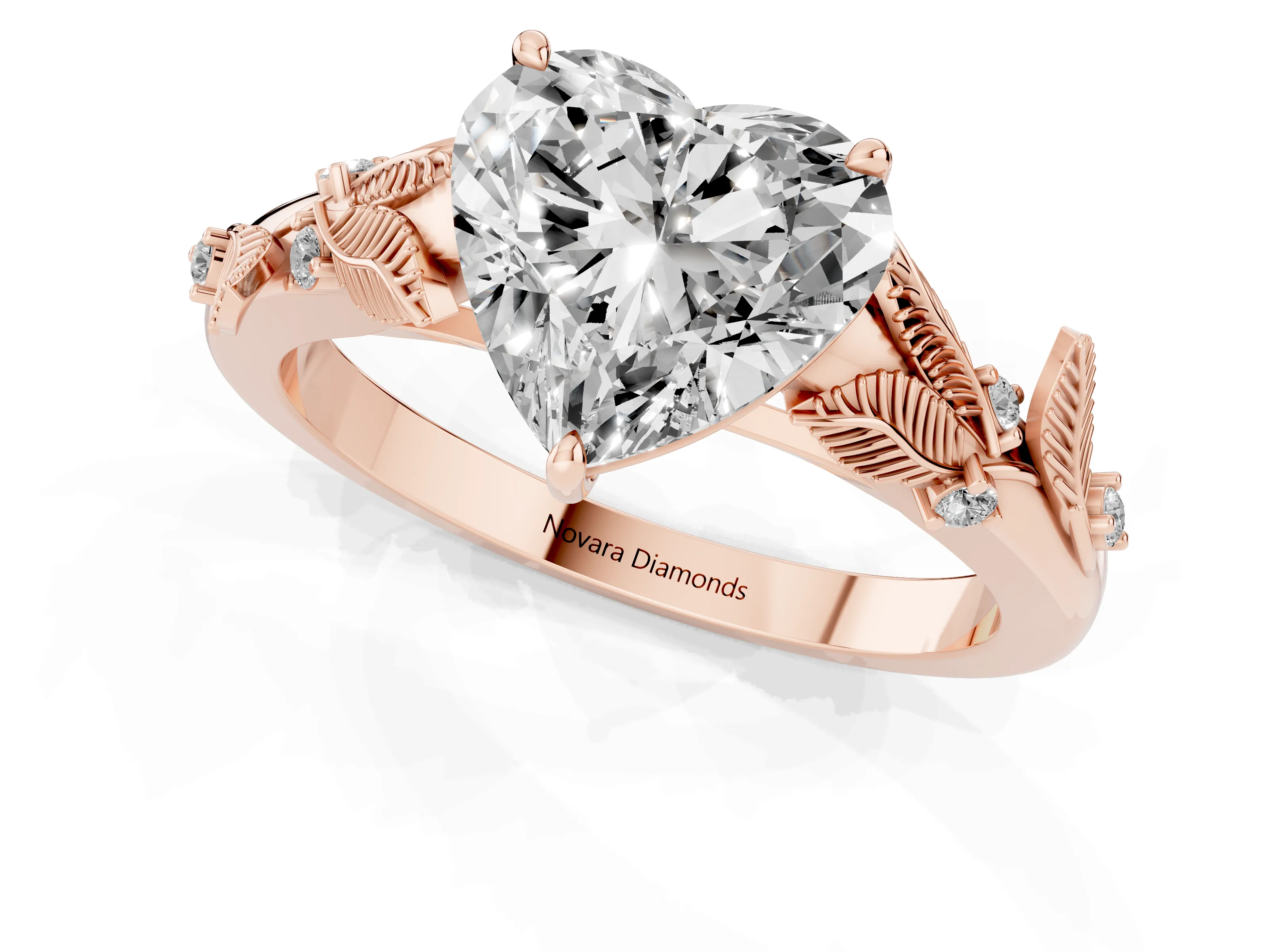 Heart Cut Diamond Solitaire Ring Set in Rose gold with Leaf Motif Band