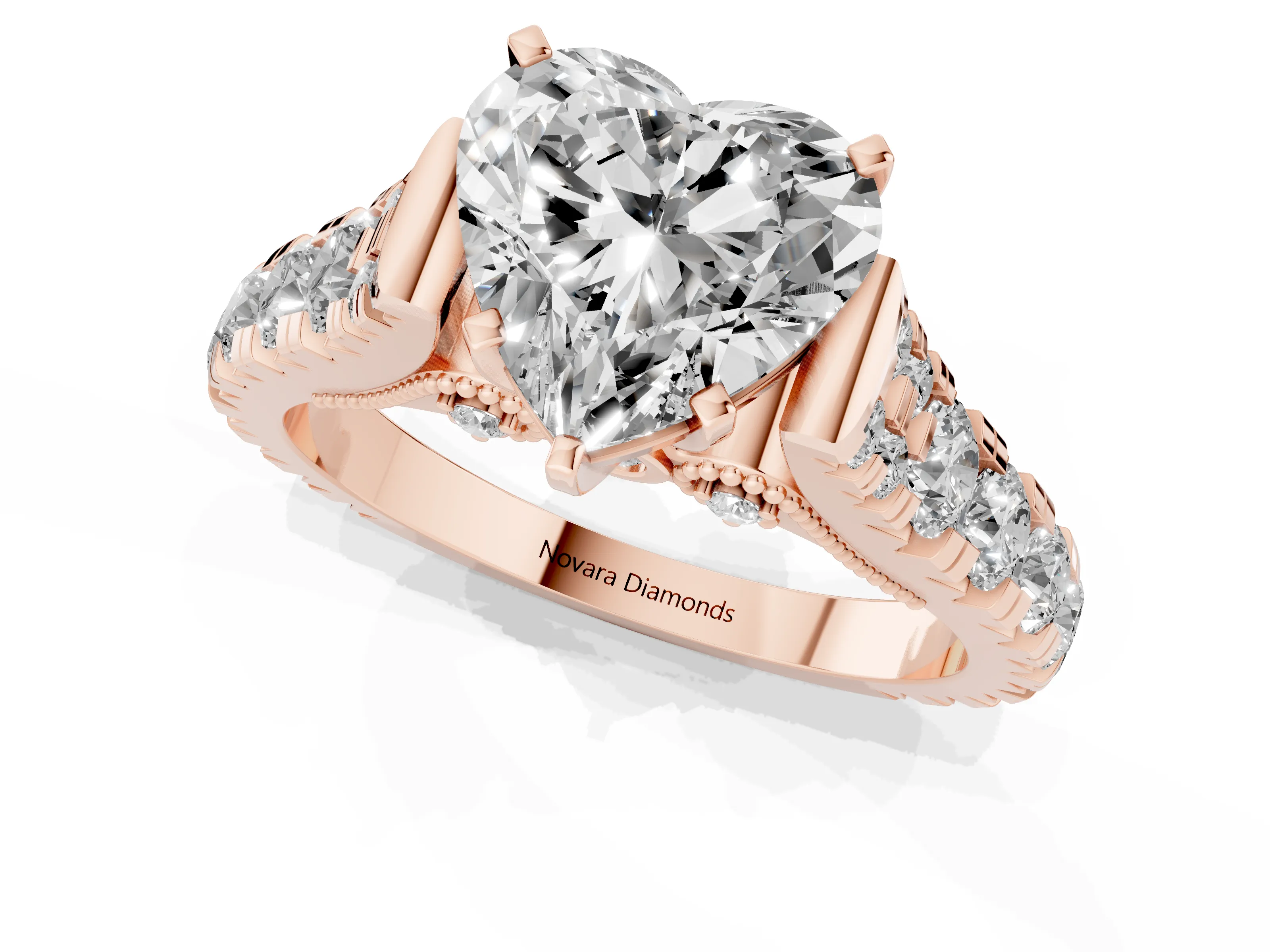 Heart Cut Diamond Classic Solitaire Ring Set in Rose gold with Pavé Band and Prong Setting