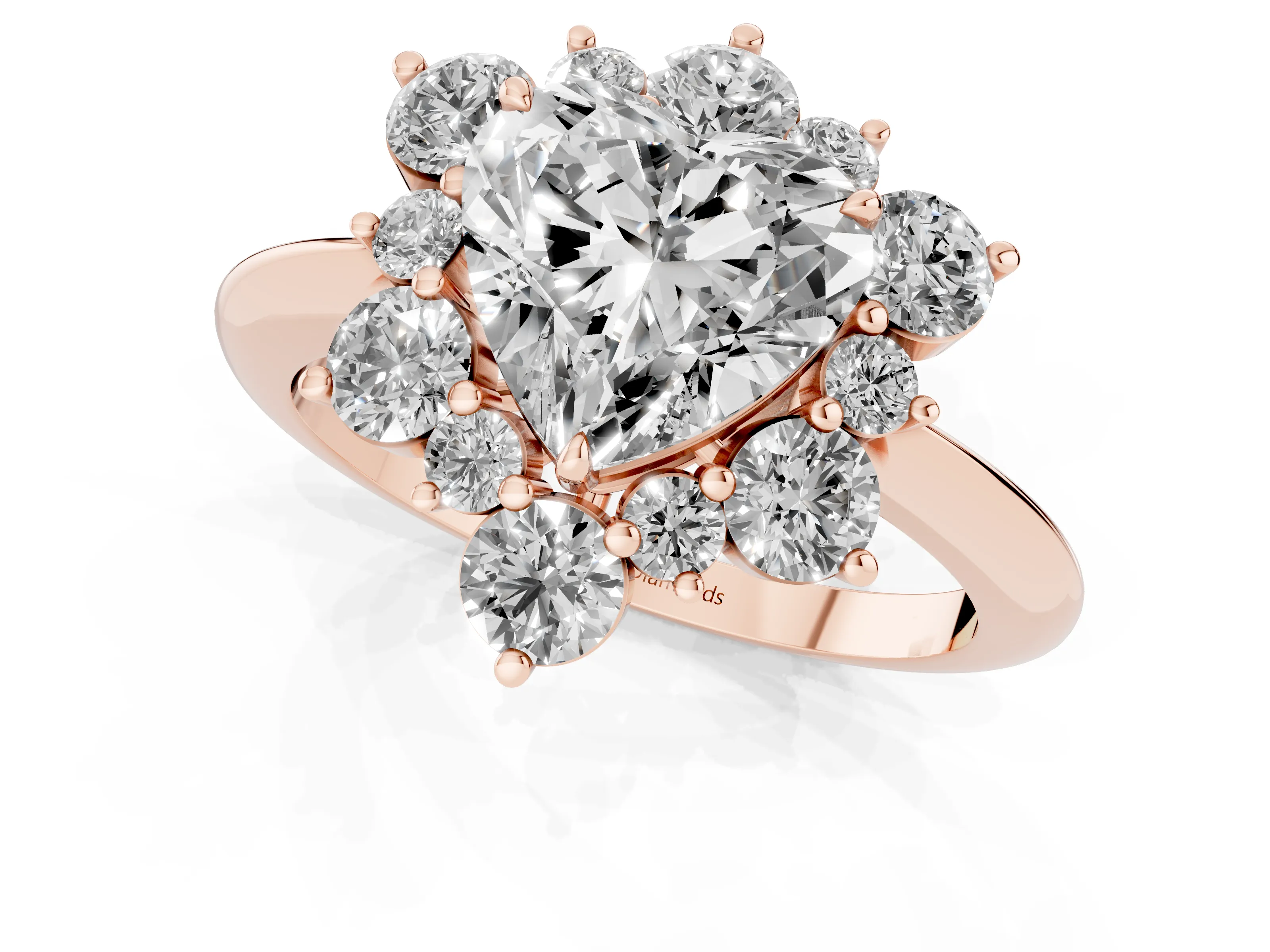 Heart Cut Diamond Cluster Halo Ring Set in Rose gold with Solitaire Band and Prong Setting