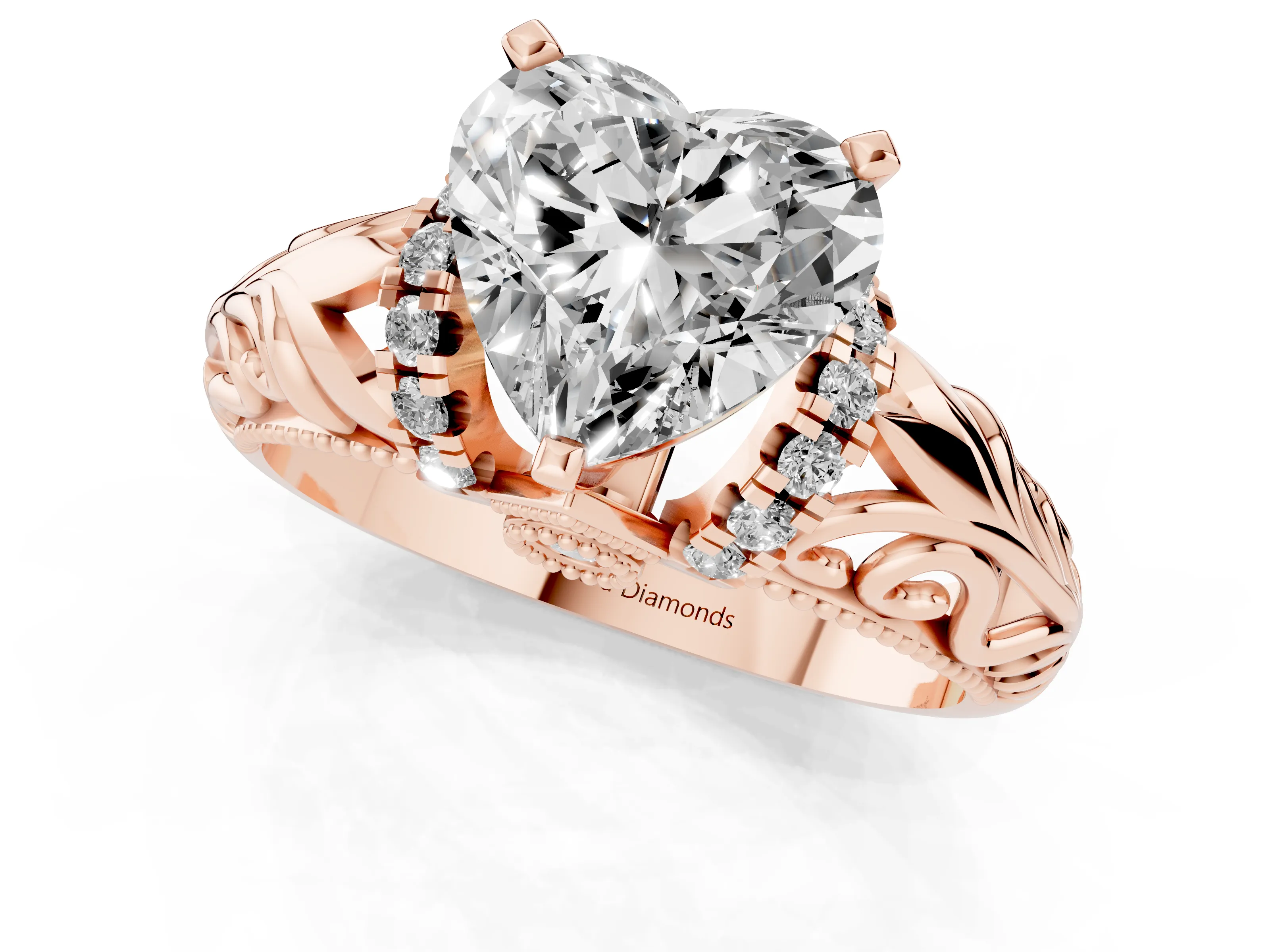 Heart Cut Diamond Filigree Halo Engagement Ring Set in Rose gold with Prong Setting – second view