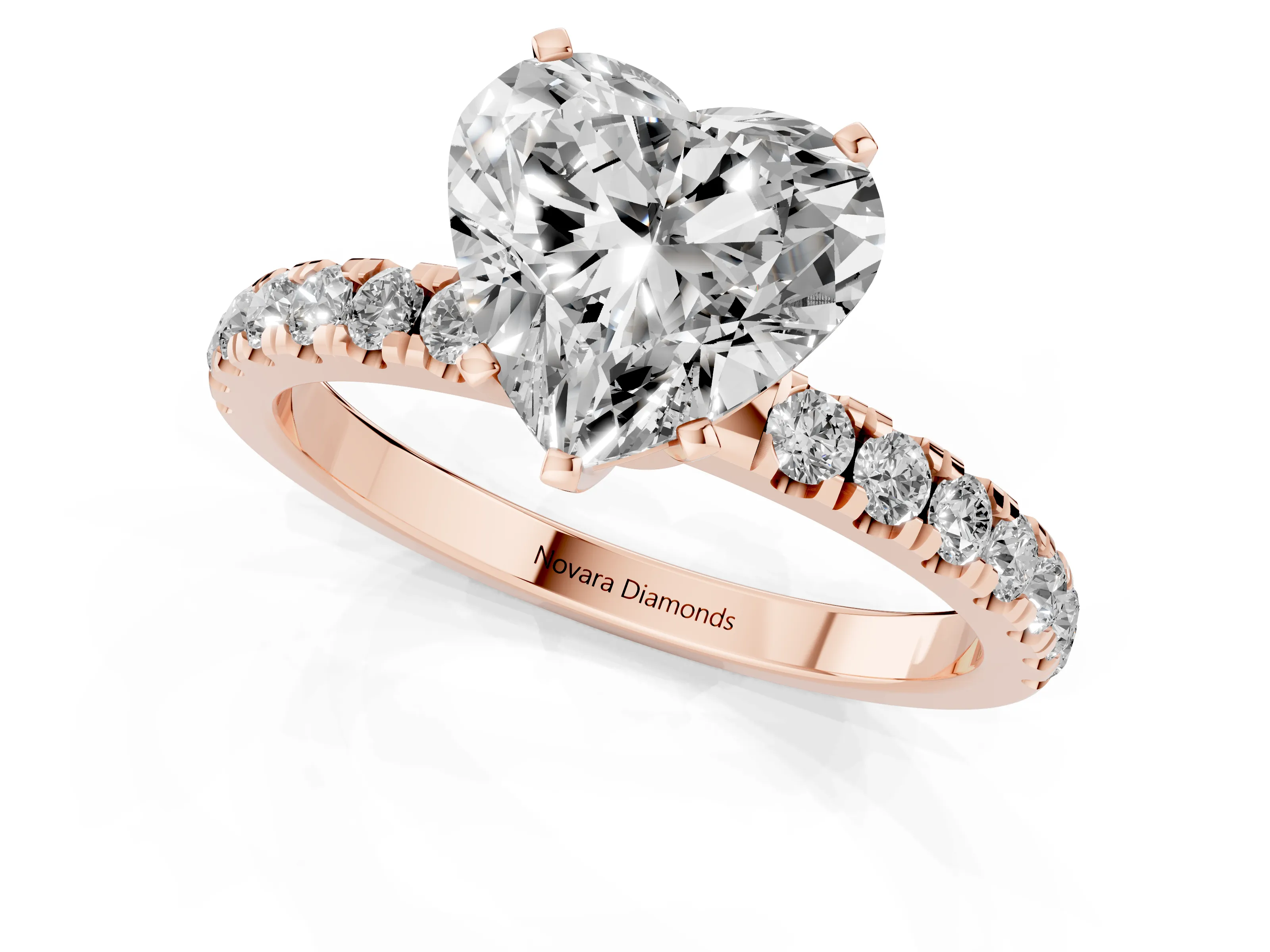 Heart Cut Diamond Solitaire Ring Set in Rose gold with Pavé Accents and Prong Setting