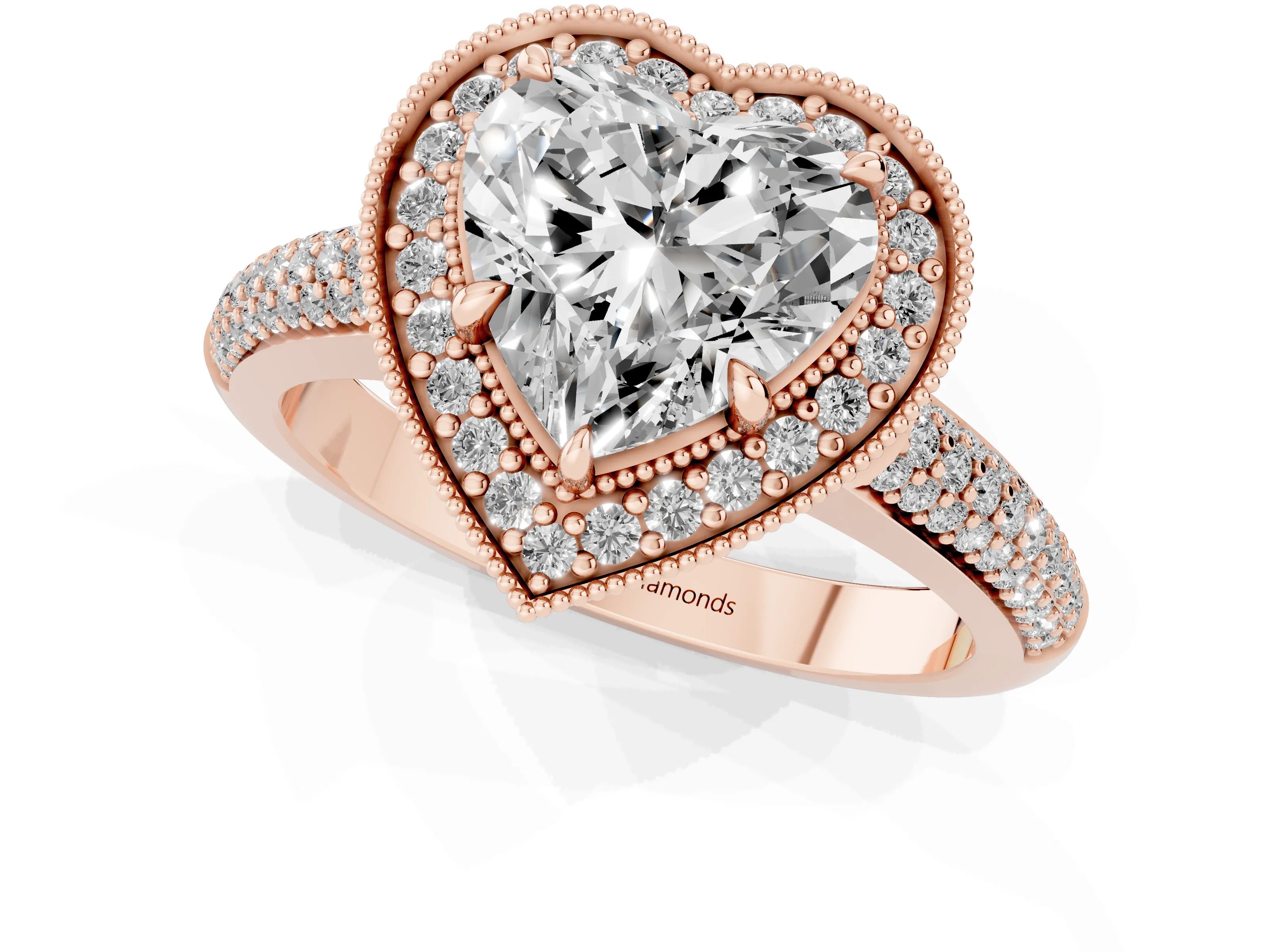 Heart Cut Diamond Halo Pavé Band Set in Rose gold with Prong Setting