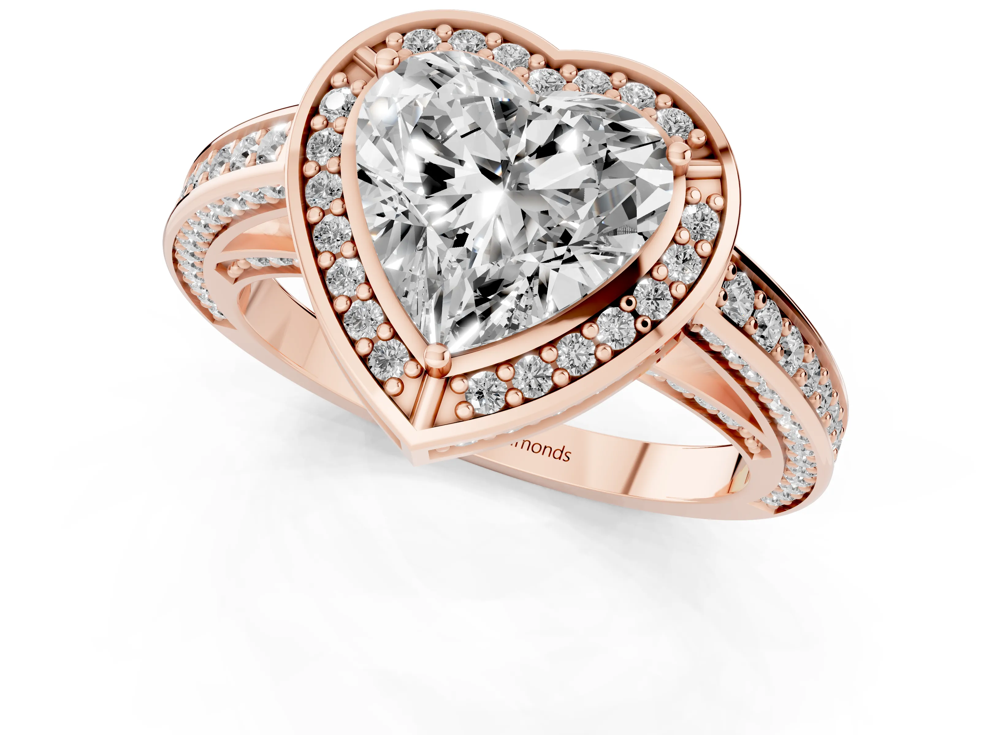 Heart Cut Diamond Halo Pavé Split Shank Ring Set in Rose gold with Prong Setting