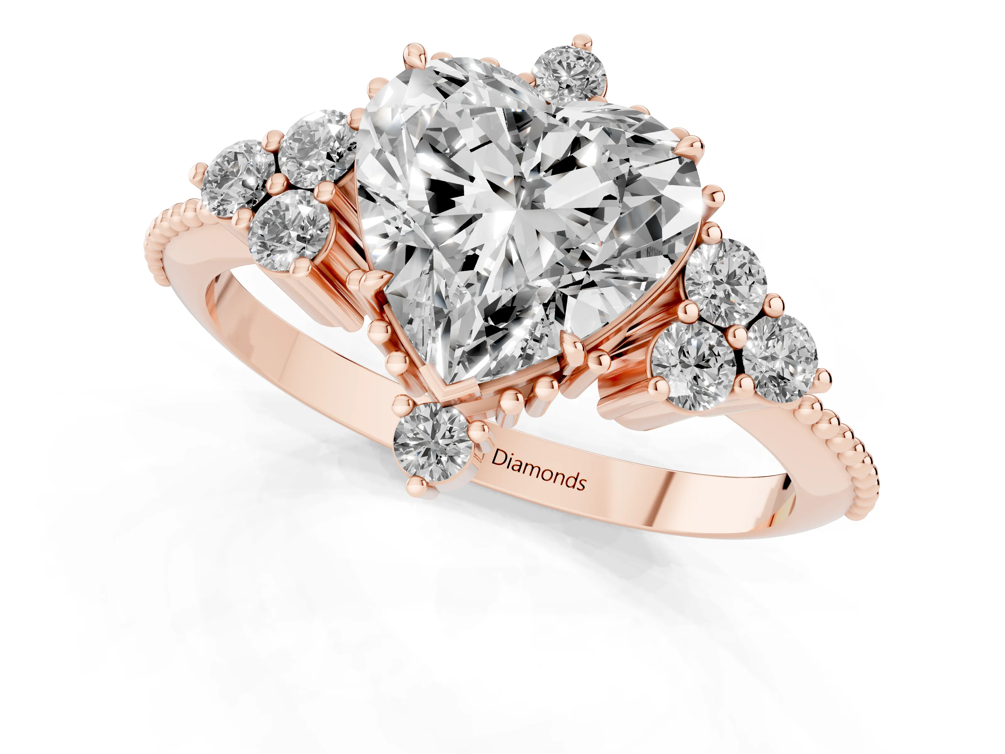Heart Cut Diamond Cluster Ring Set in Rose gold with Beaded Band
