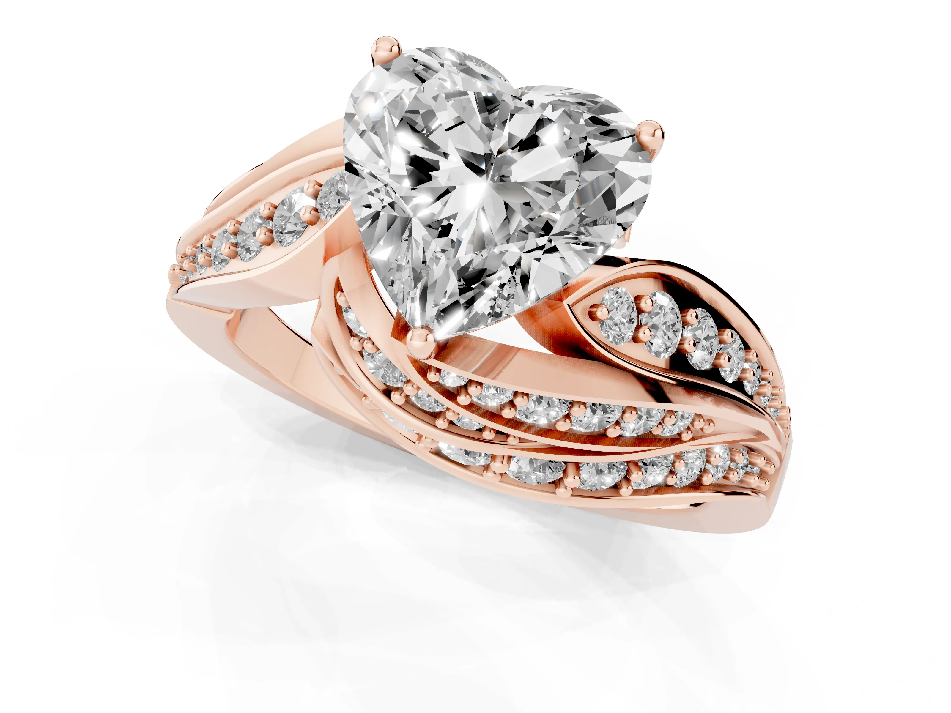 Heart Cut Diamond Solitaire Ring Set in Rose gold with Layered Twist Pavé Band