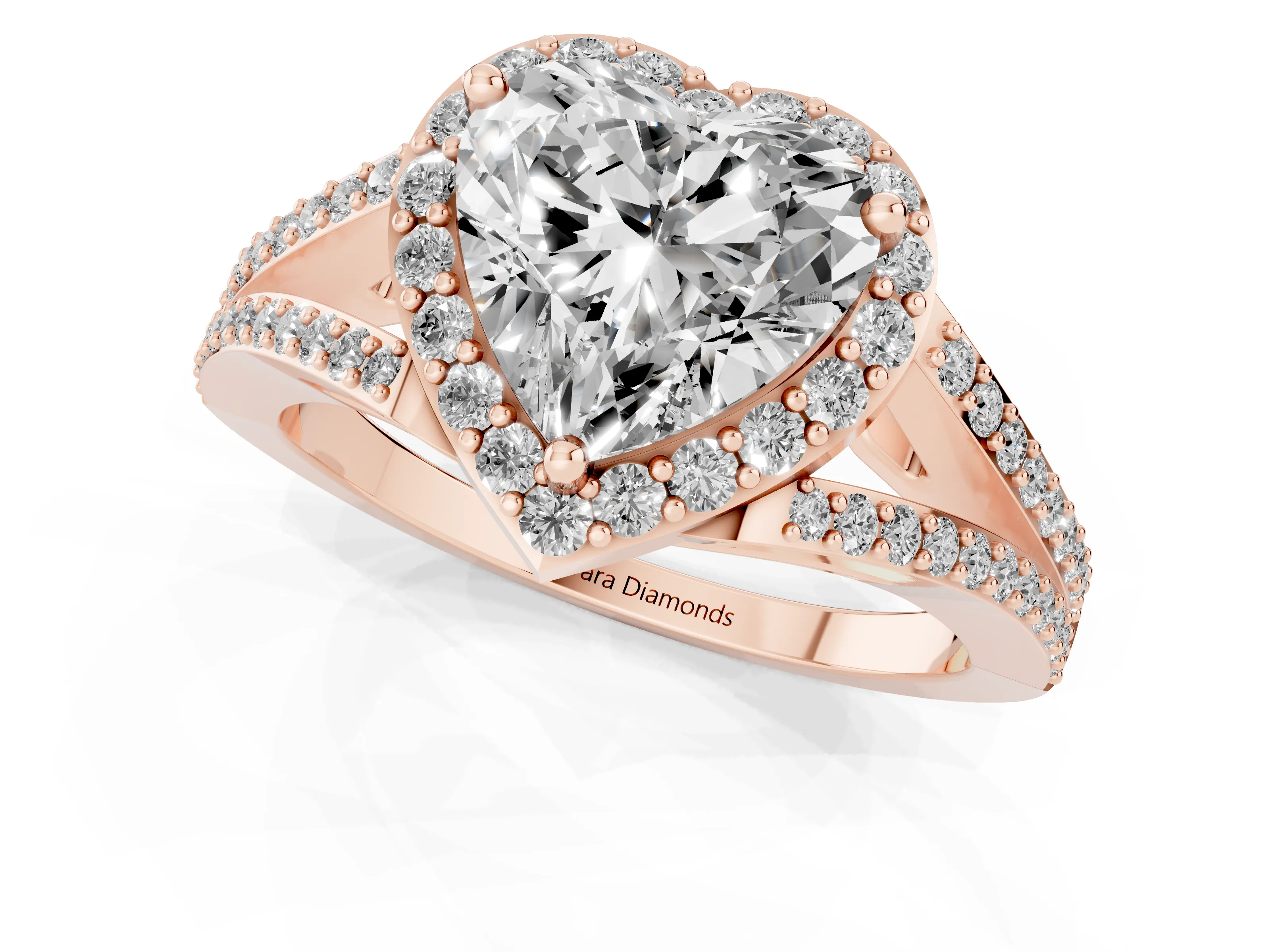 Heart Cut Diamond Halo Split Shank Pavé Ring Set in Rose gold with Prong Setting