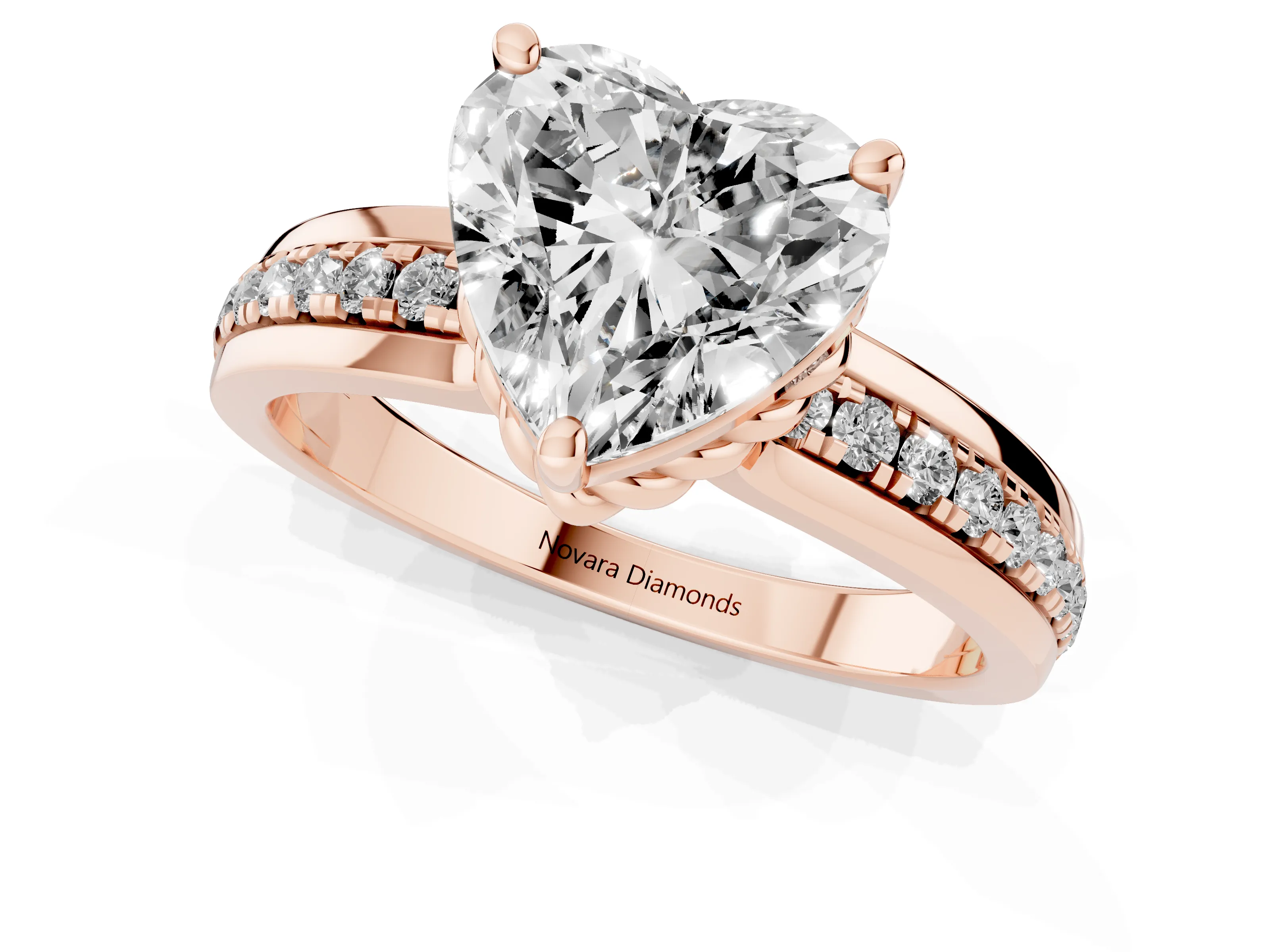 Heart Cut Diamond Solitaire Ring Set in Rose gold with Channel Set Band and Prong Setting
