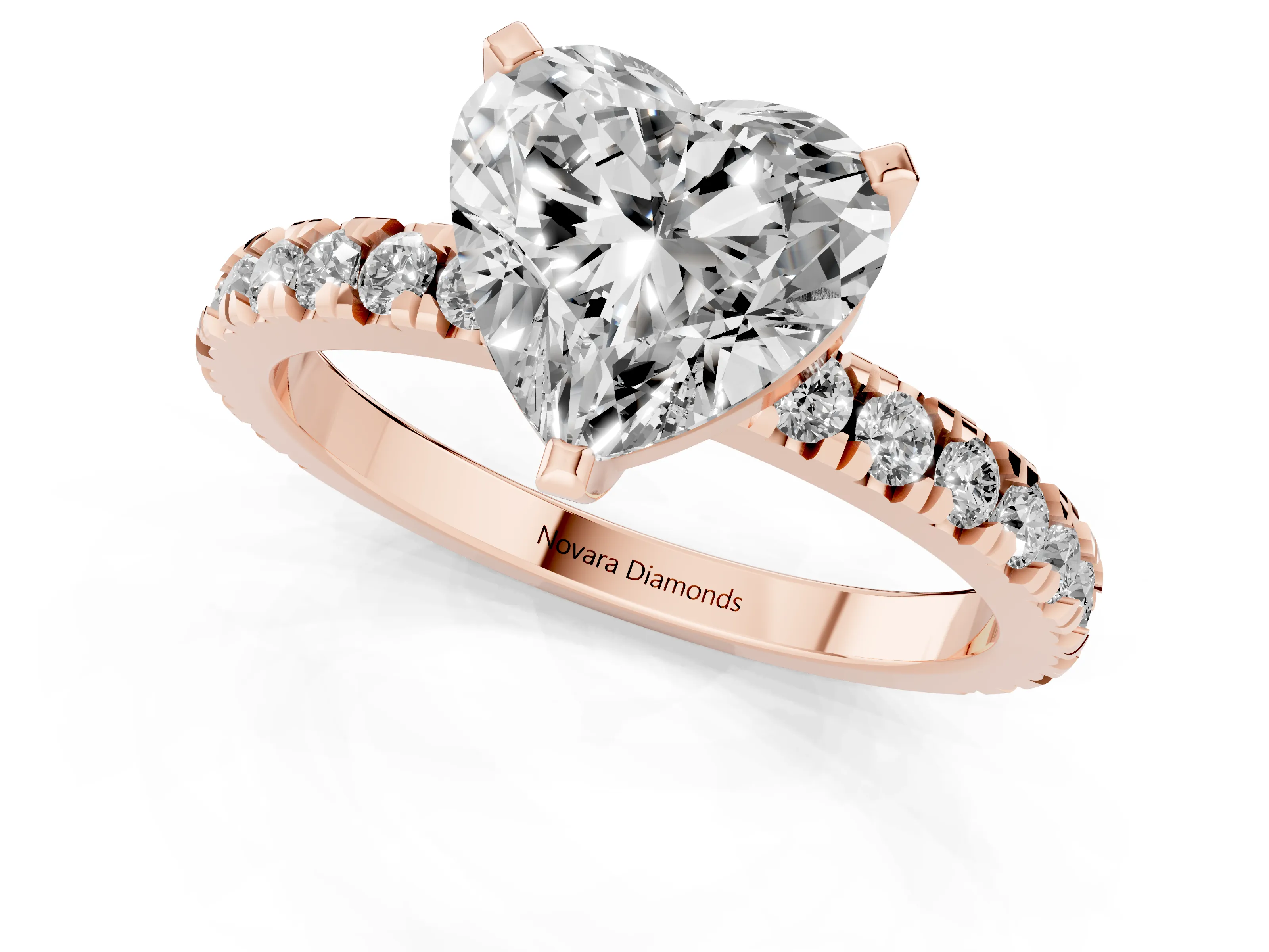 Heart Cut Diamond Pavé Band Solitaire Set in Rose gold with Prong Setting