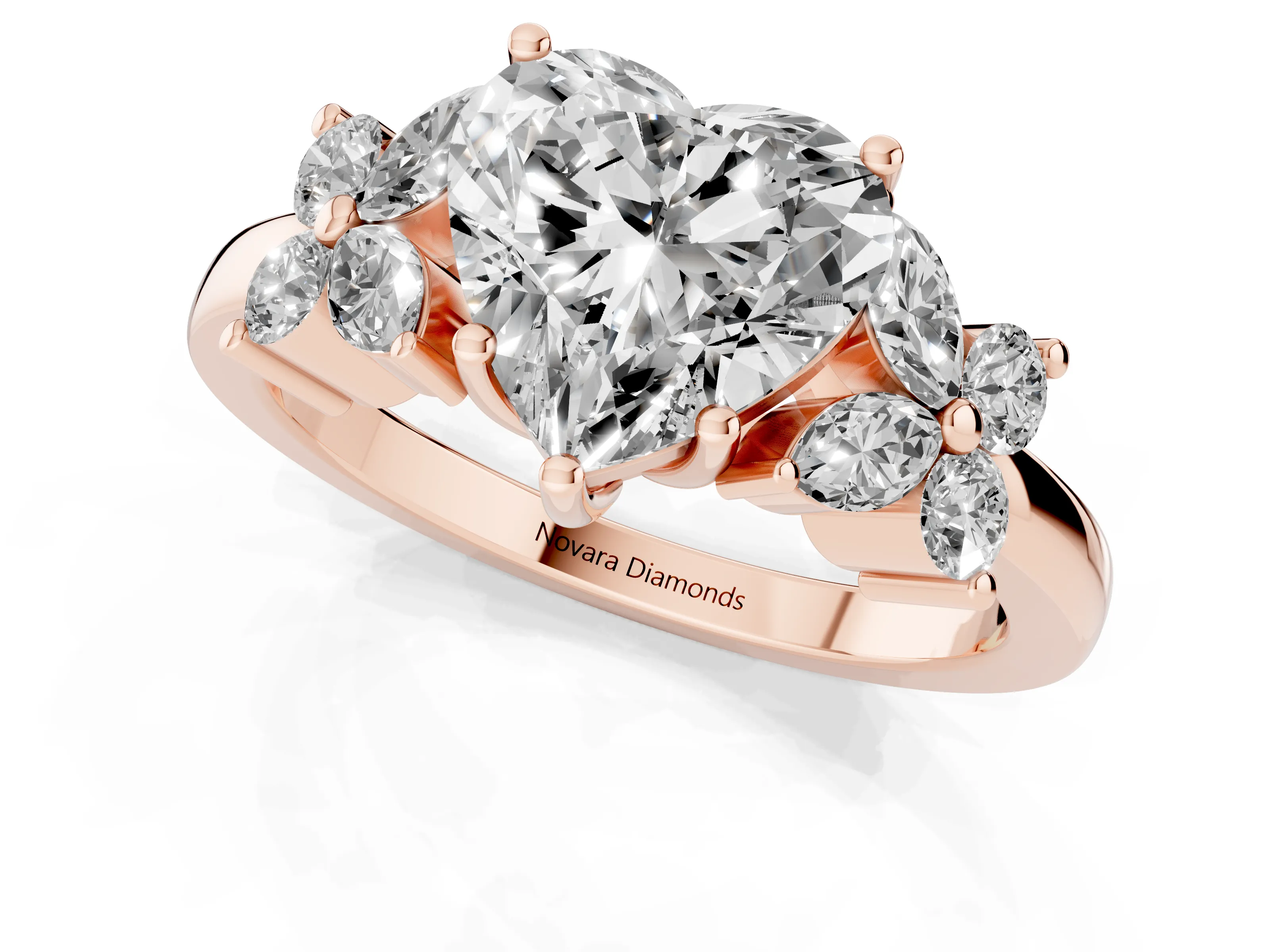 Heart Cut Diamond Floral Cluster Ring Set in Rose gold with Marquise Petals and Prong Setting – second view