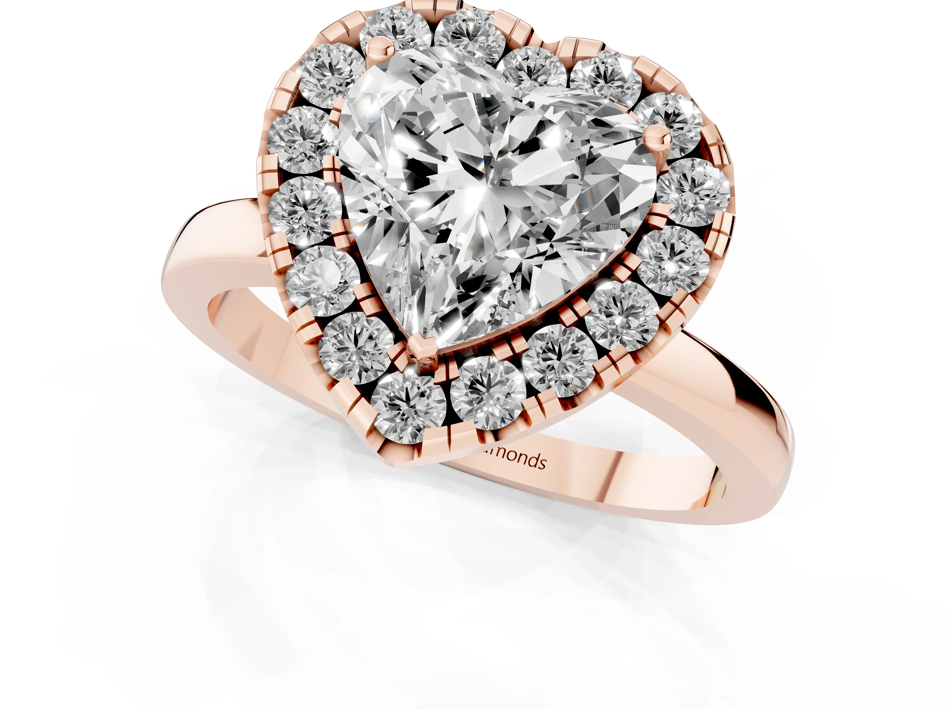 Heart Cut Diamond Halo Solitaire Ring Set in Rose gold with Pavé Band and Prong Setting
