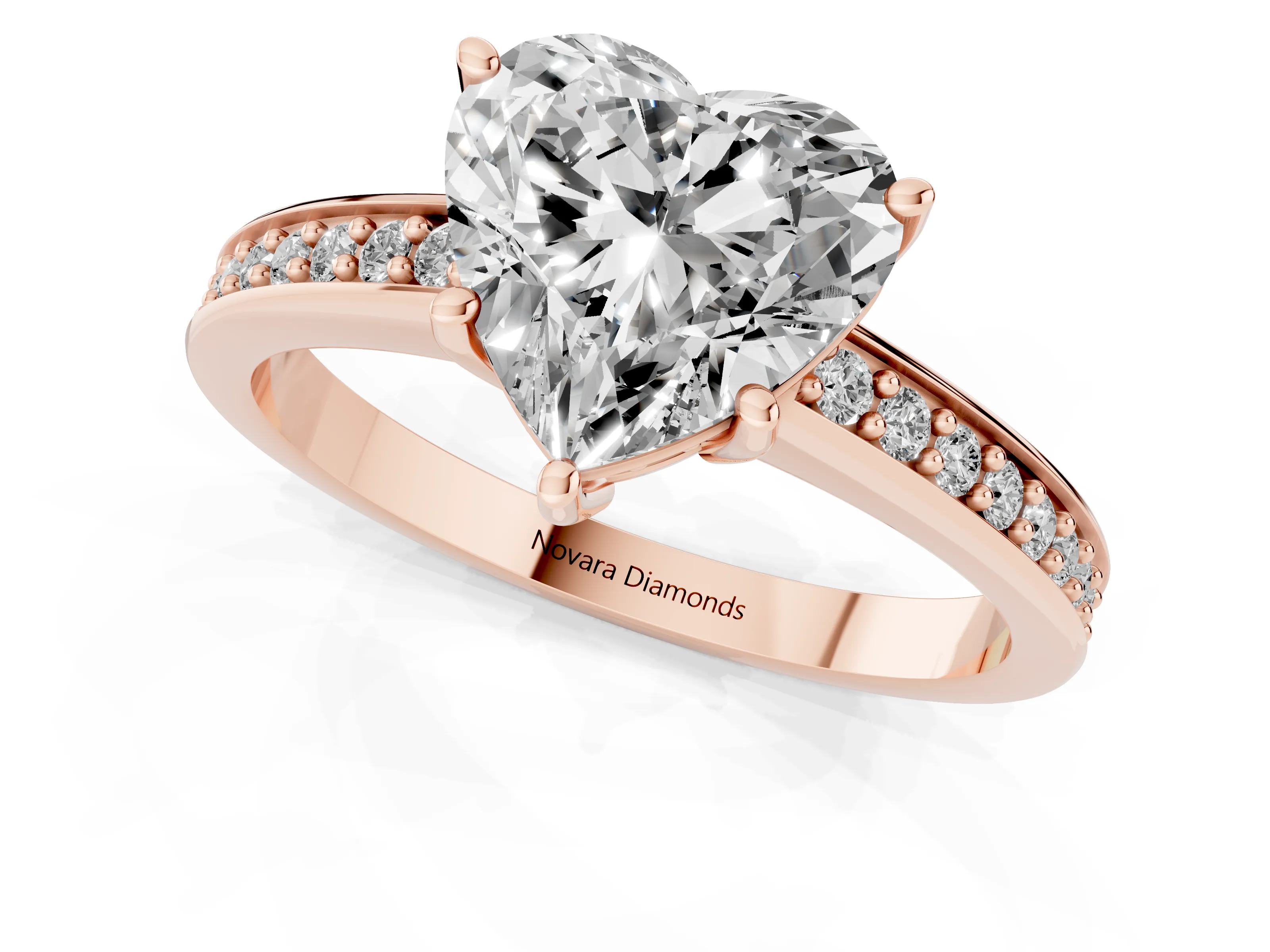 Heart Cut Diamond Pavé Band Prong Set Solitaire Ring Set in Rose gold