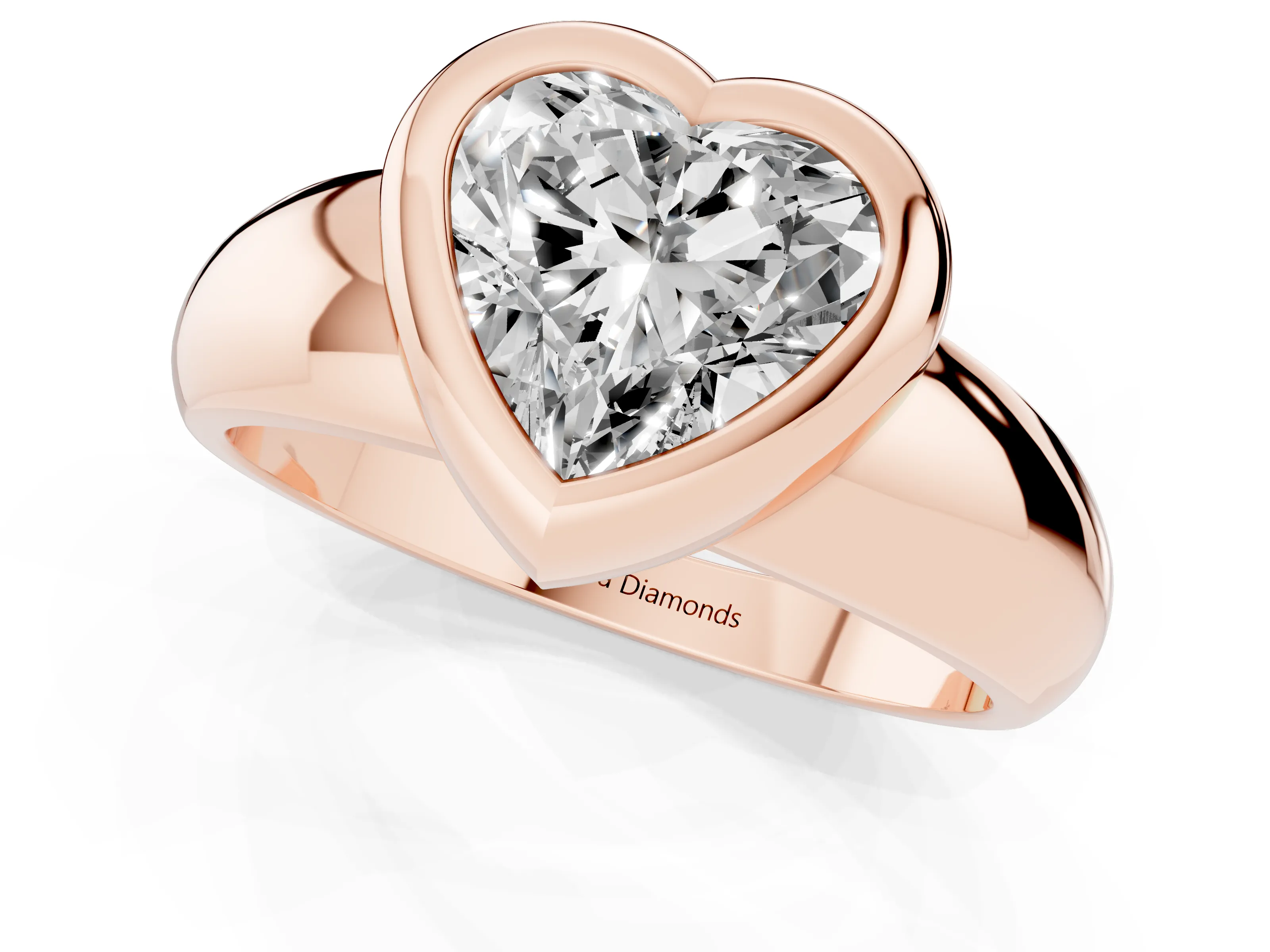 Bezel Set Heart Cut Diamond Solitaire Ring Set in Rose gold with Wide Band
