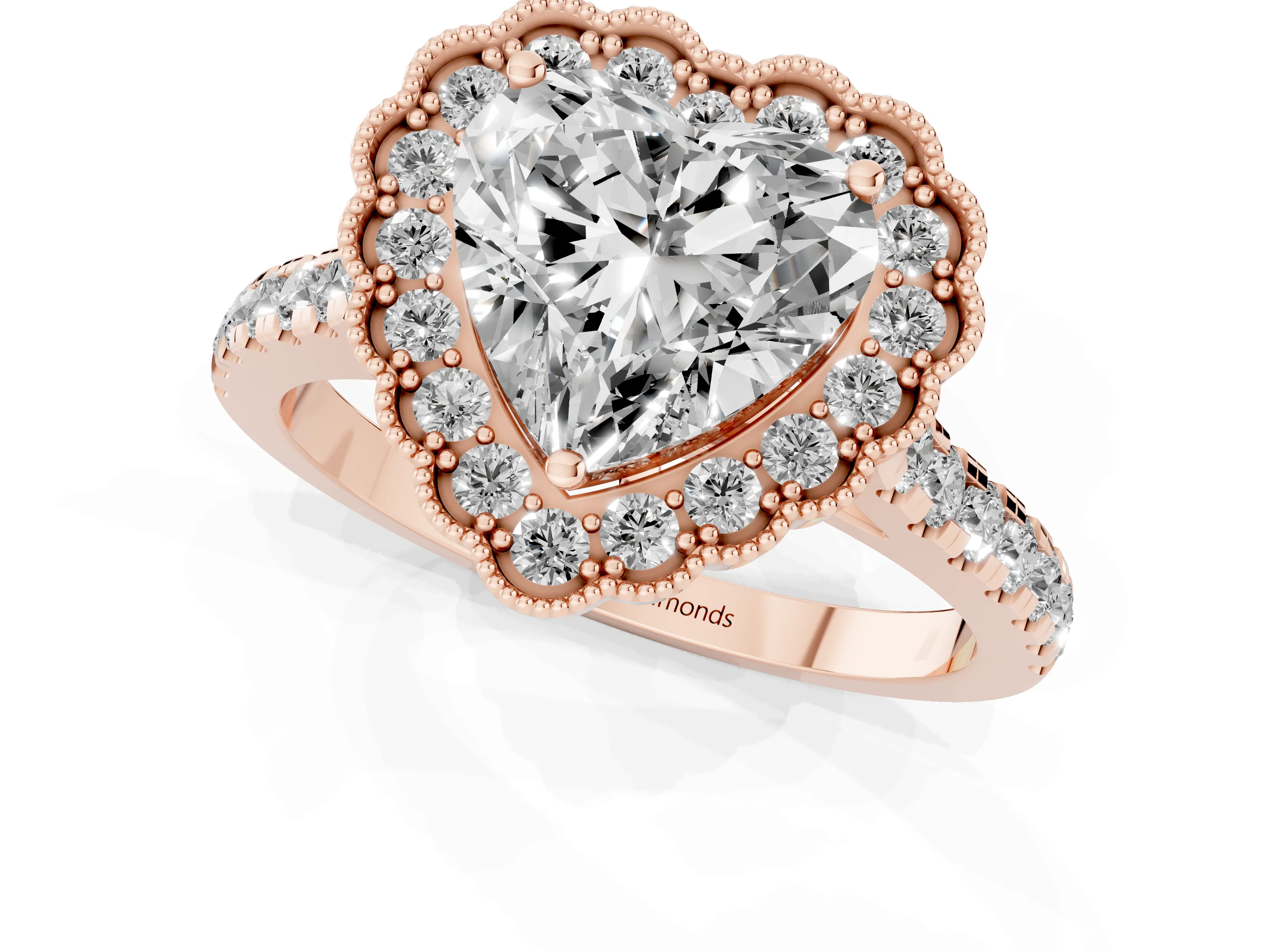 Heart Cut Diamond Milgrain Floral Halo Engagement Ring Set in Rose gold with Pavé Band