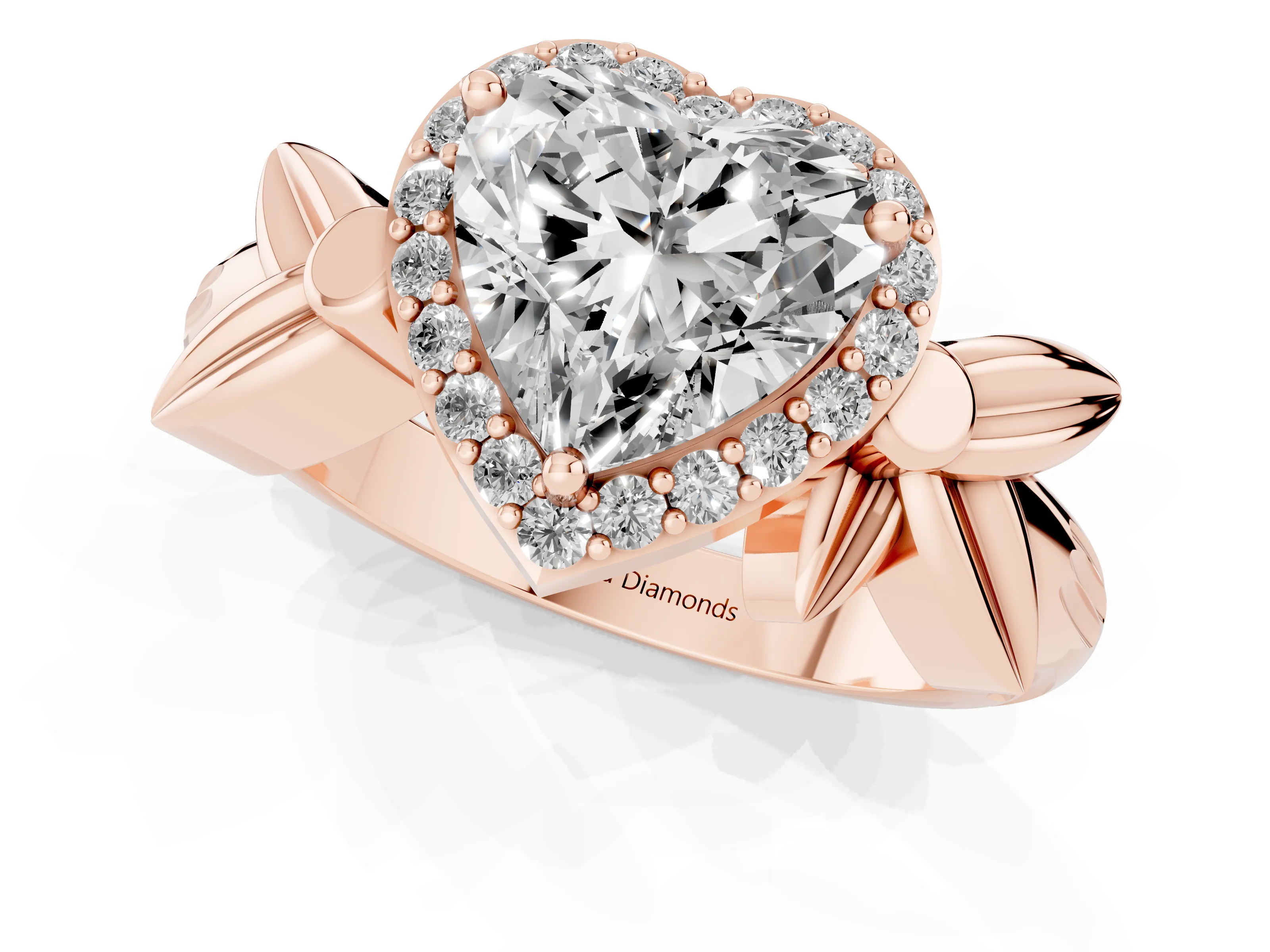 Heart Cut Diamond Halo Floral Band Ring Set in Rose gold with Prong Setting