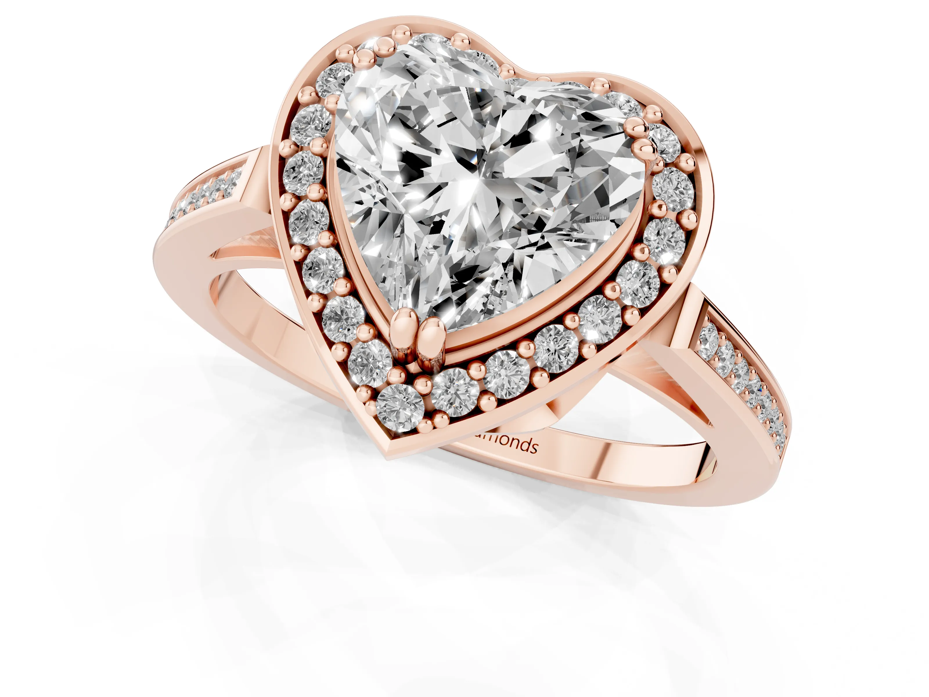 Heart Cut Diamond Halo Ring Set in Rose gold with Accent-Lined Split Shank and Prong Setting