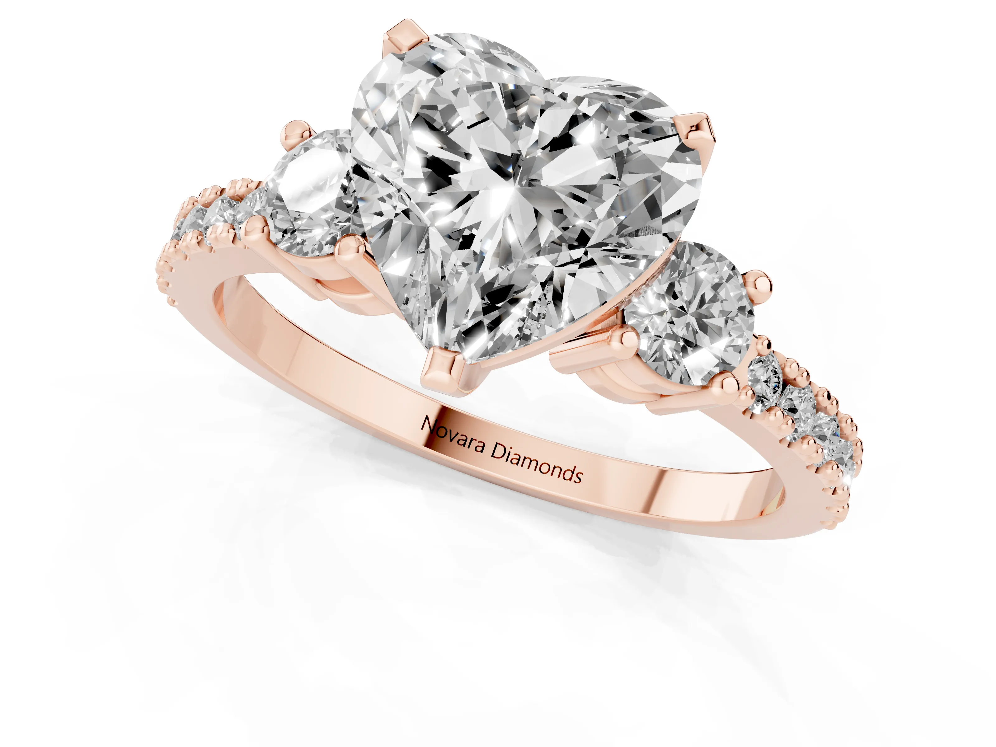 Three-Stone Heart Cut Diamond Pavé Band Ring Set in Rose gold with Prong Setting