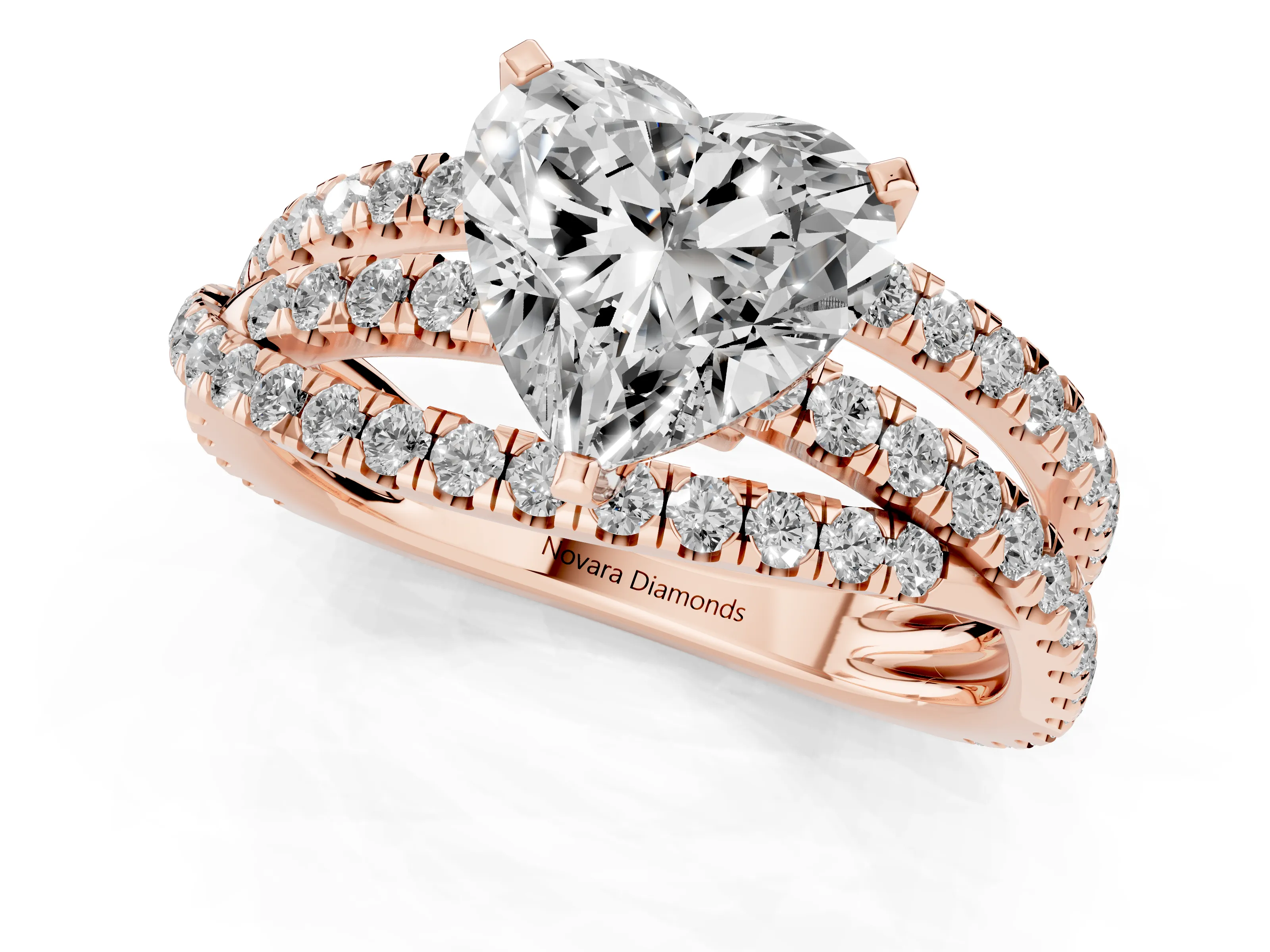 Heart Cut Diamond Solitaire Twist Band Ring Set in Rose gold with Pavé Setting and Prong Head