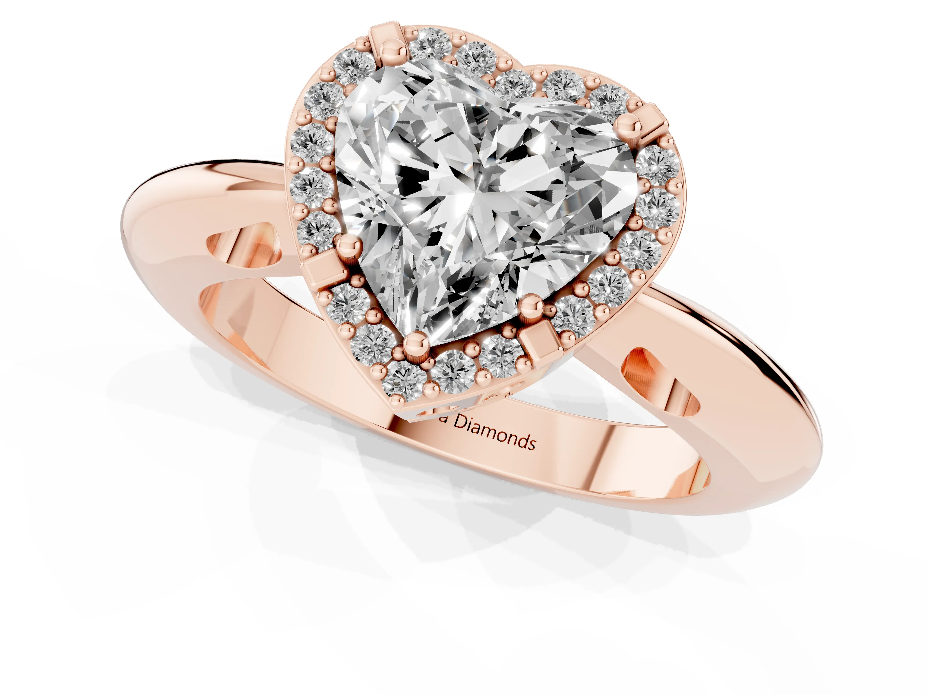 Heart Cut Diamond Halo Engagement Ring Set in Rose gold with Plain Split Shank and Prong Setting