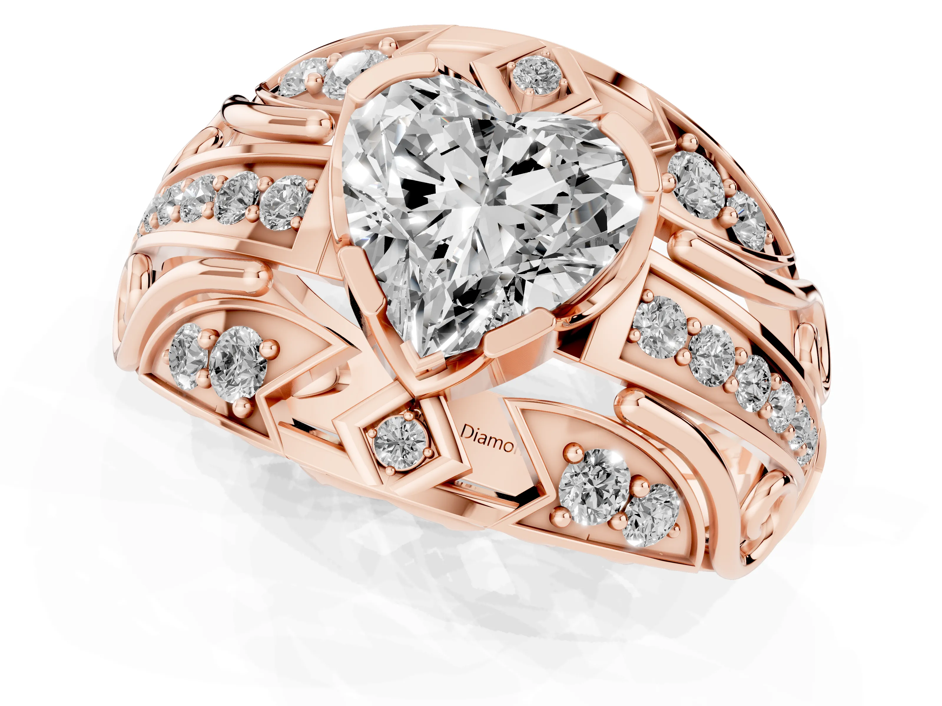 Heart Cut Diamond Art Deco Ring Set in Rose gold with Pavé Split Shank