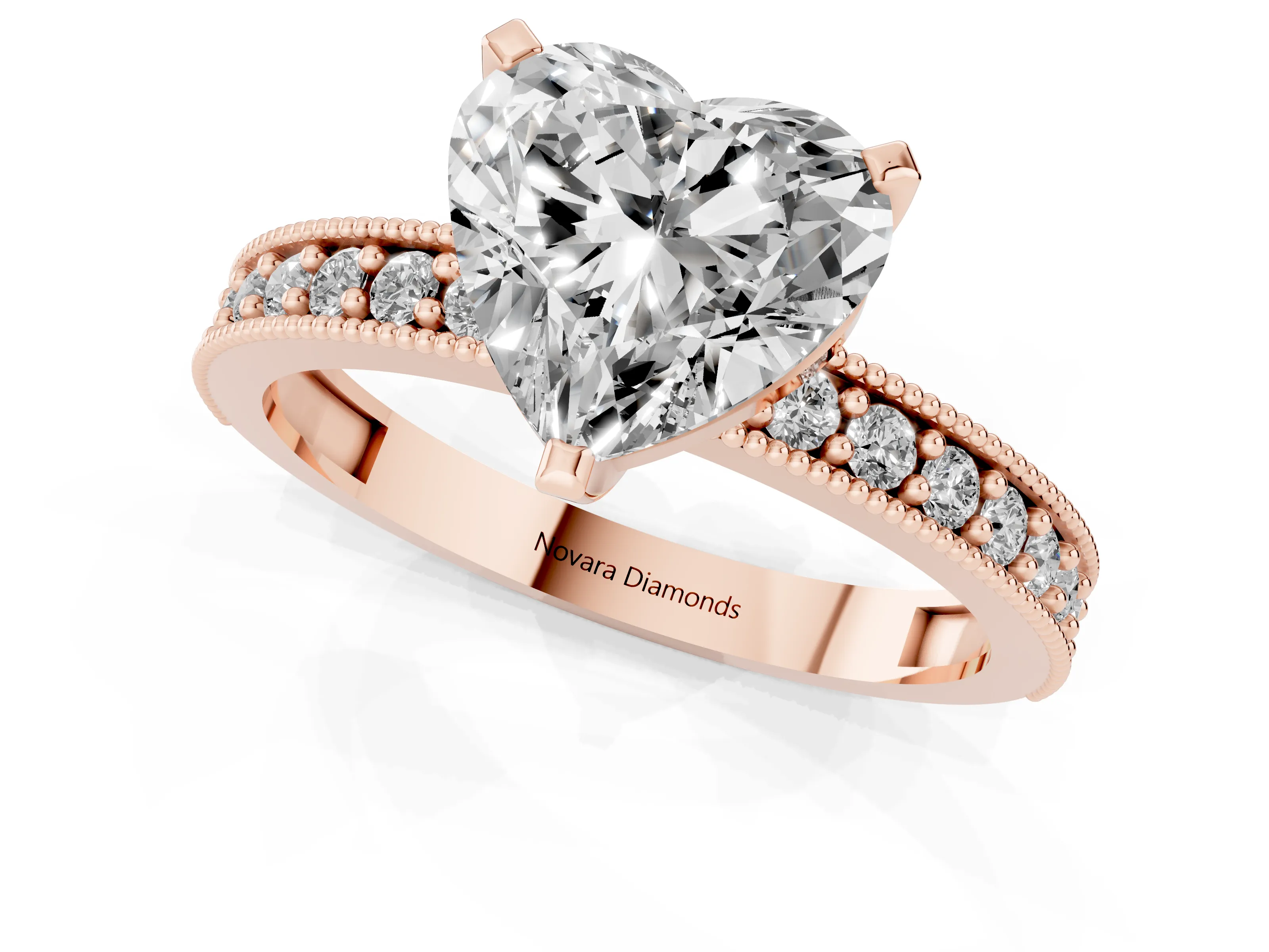 Heart Cut Diamond Milgrain Pavé Engagement Ring Set in Rose gold with Prong Setting