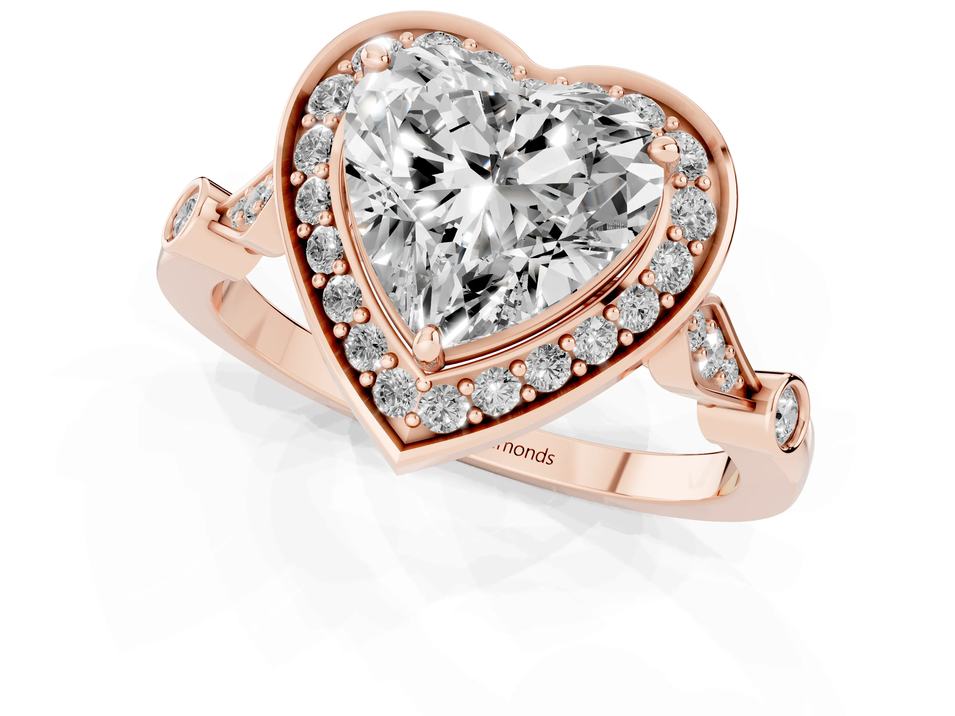 Heart Cut Diamond Halo Engagement Ring Set in Rose gold with Twisted Band and Prong Setting