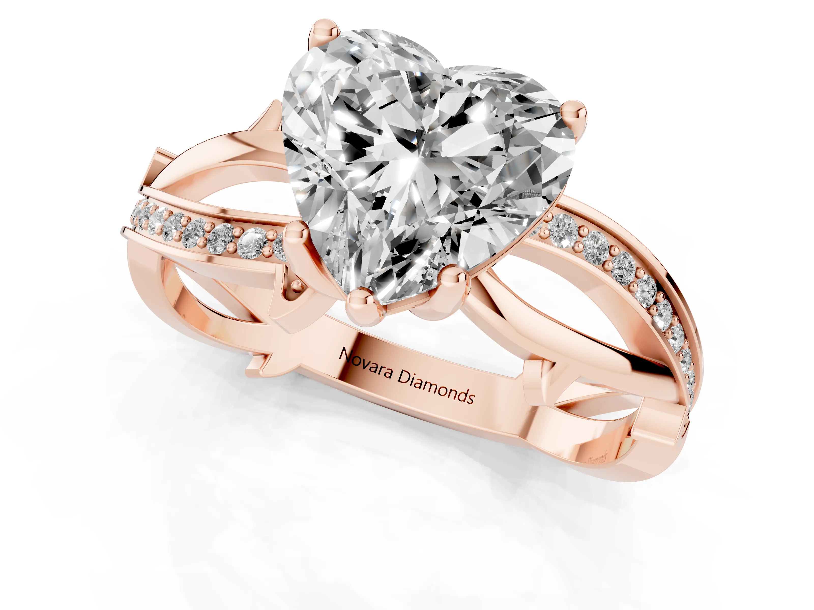 Heart Cut Diamond Pavé Twist Band Solitaire Ring Set in Rose gold with Prong Setting