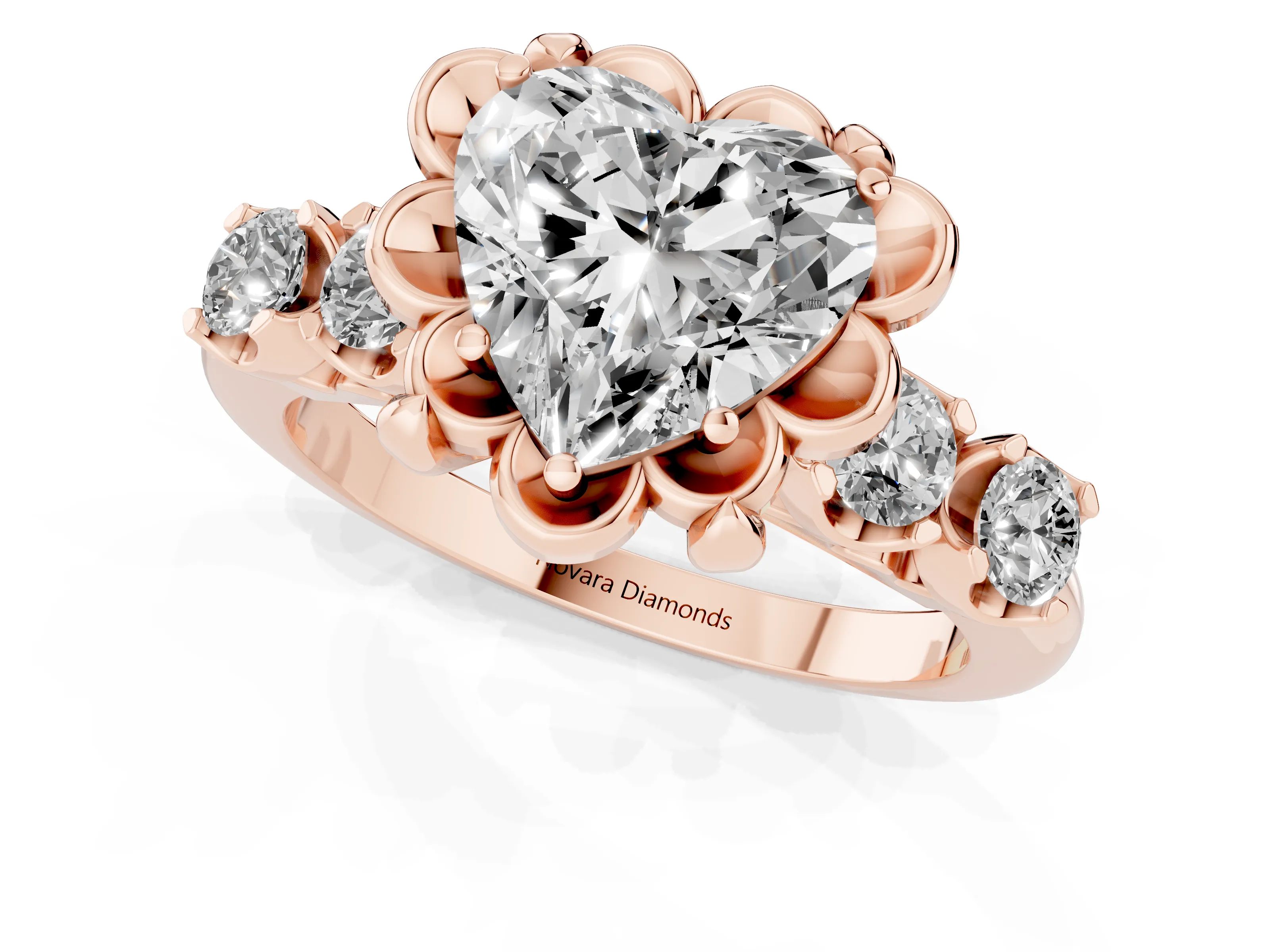 Heart Cut Diamond Floral Halo Ring Set in Rose gold with Shared Prong Band