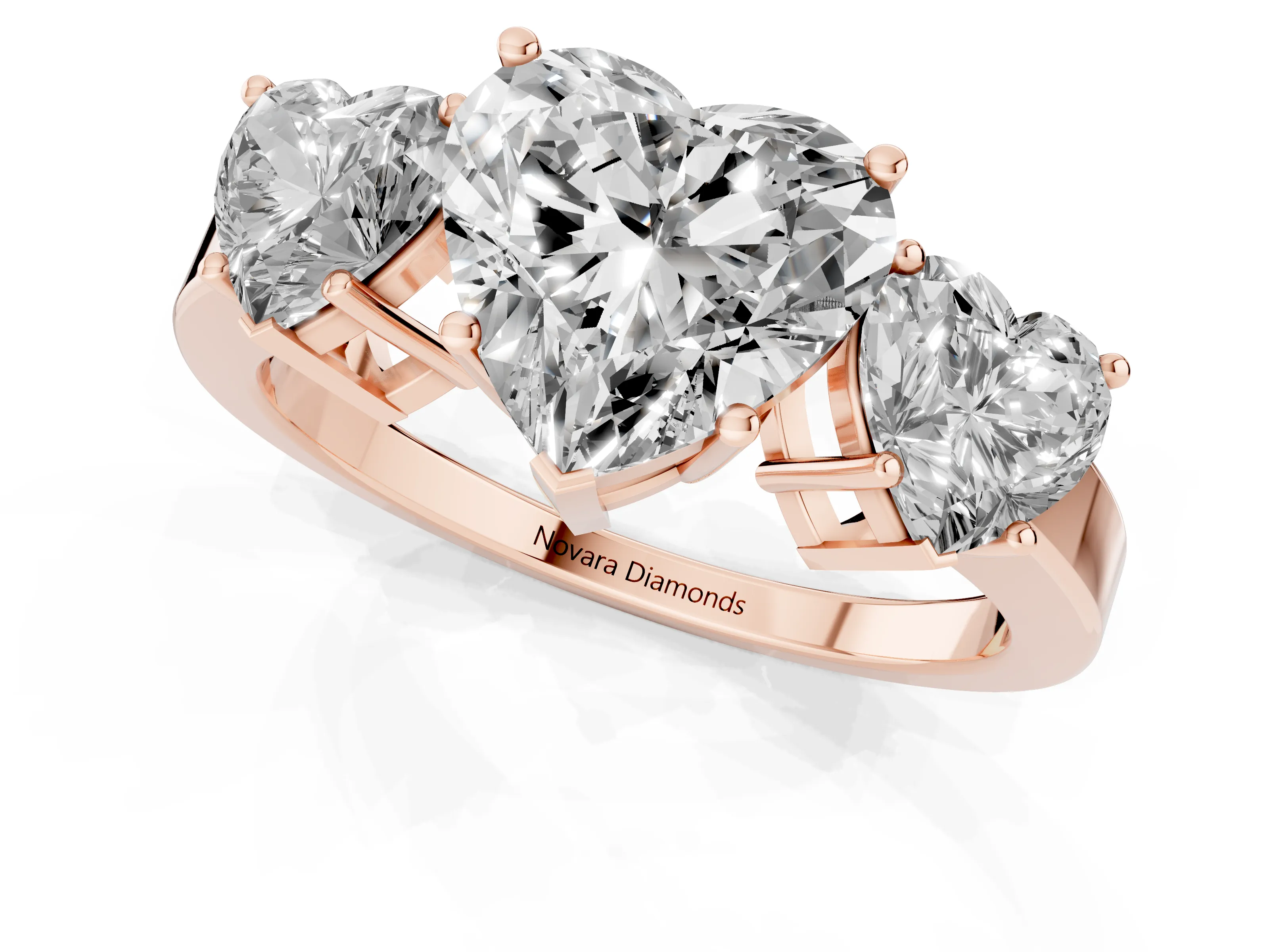 Heart Cut Diamond Three-Stone Engagement Ring Set in Rose gold with Flat Band