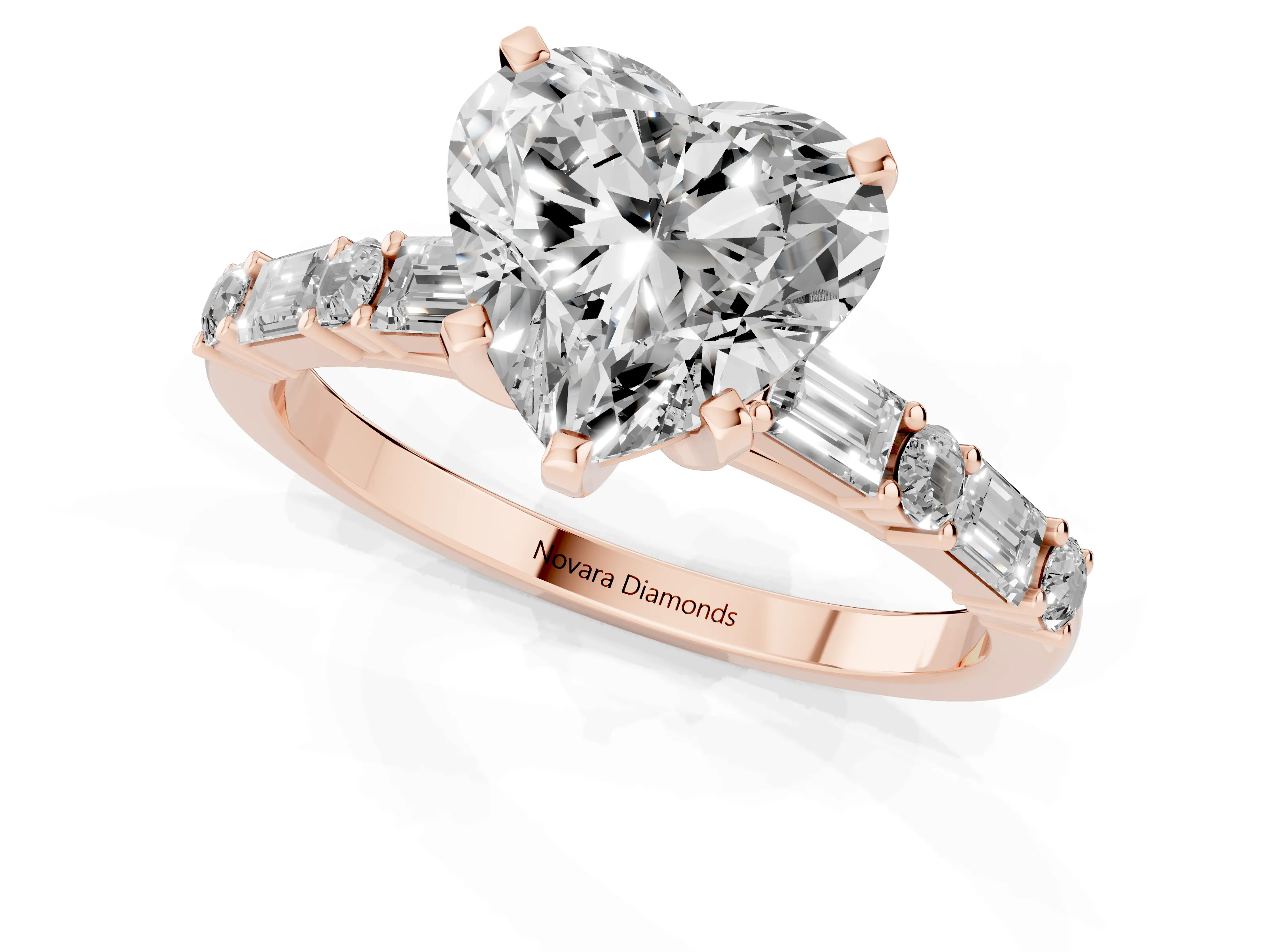 Heart Cut Diamond Solitaire Set in Rose gold with Side Baguettes and Channel Set Band